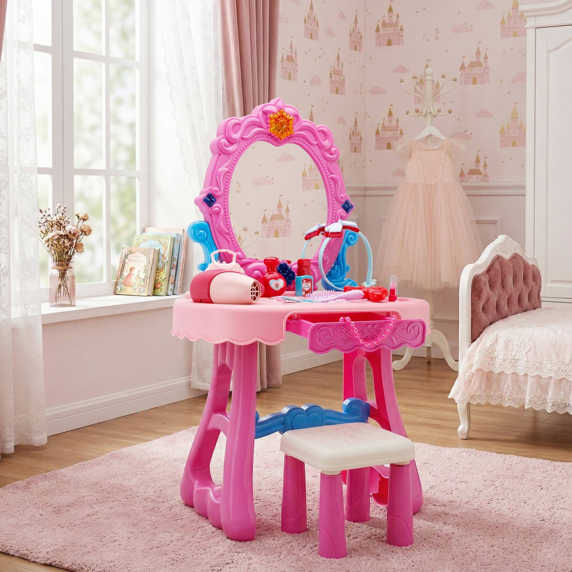 Alt View 6. Topteng - Kids Vanity Set with Lights & Music, 29PCS Accessories - Includes Mirror, Stool, Hair Dryer, Safe for Girls.
