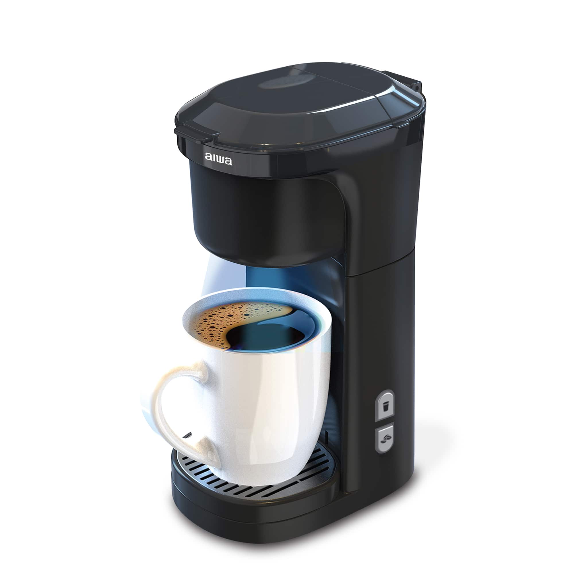Aiwa - 2-in-1 Single Serve Cup Drip Coffee Maker, Works with K-Cups Brew, Halo Light Indicator, with Reusable Pod - Black