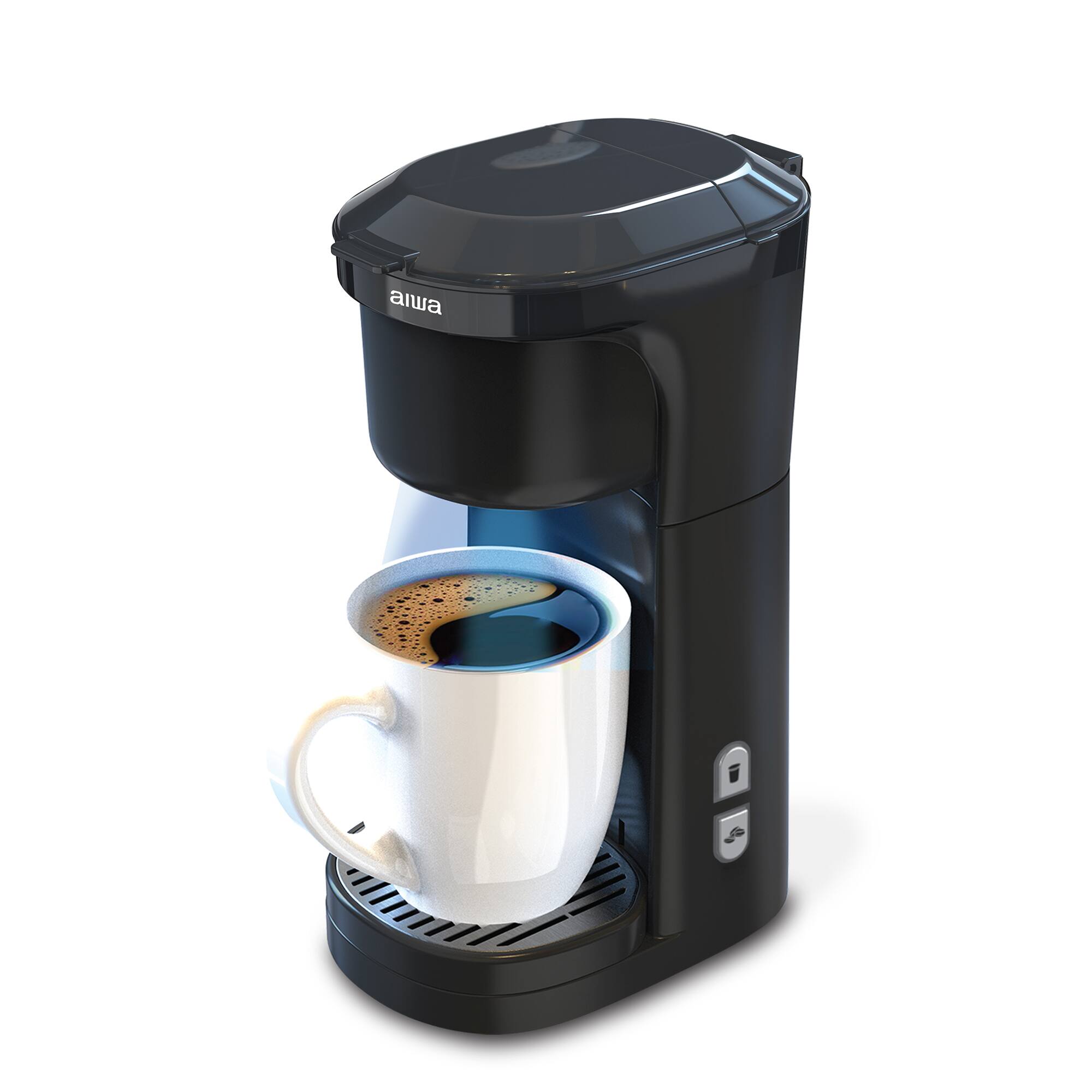 Front. Aiwa - Aiwa 2-in-1 Single Serve Cup Black Drip Coffee Maker, Works with K-Cups Brew, Halo Light Indicator, with Reusable Pod - Black.
