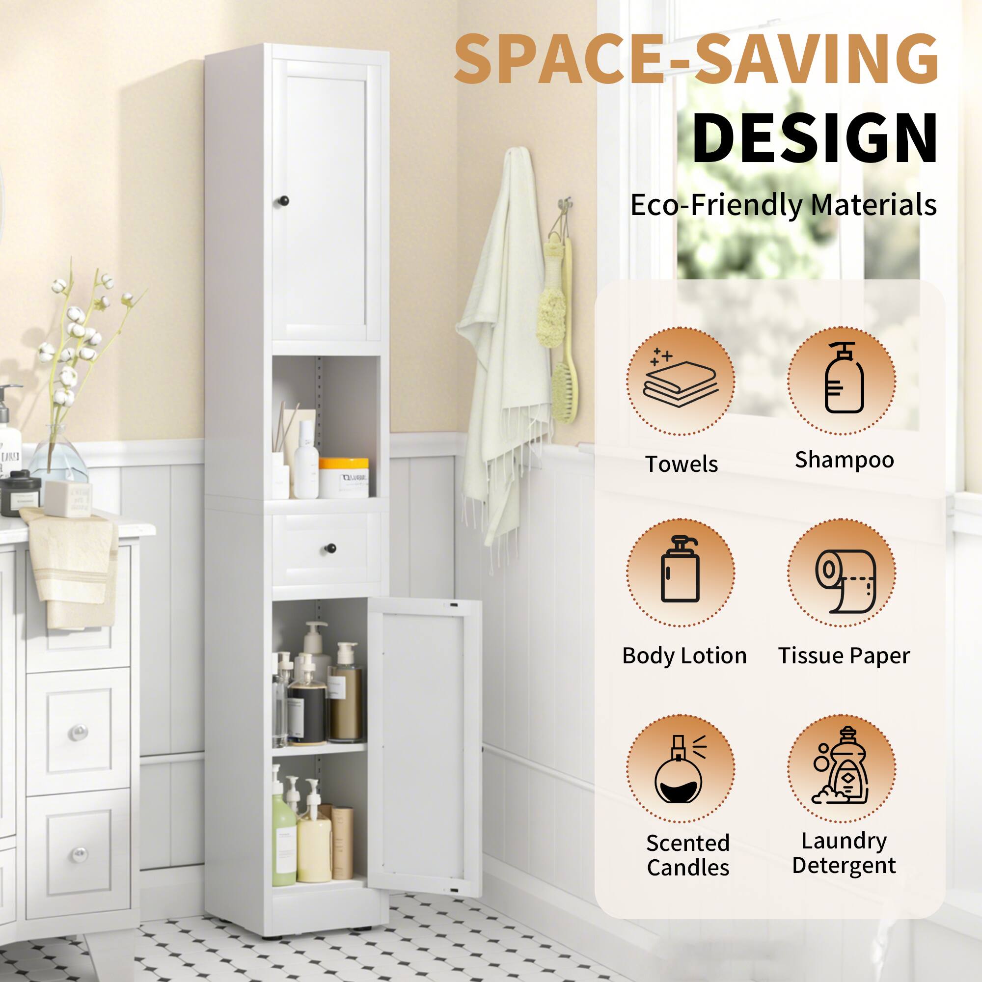 SPACE-SAVING DESIGN  
Eco-Friendly Materials  

- Towels  
- Shampoo  
- Body Lotion  
- Tissue Paper  
- Scented Candles  
- Laundry Detergent