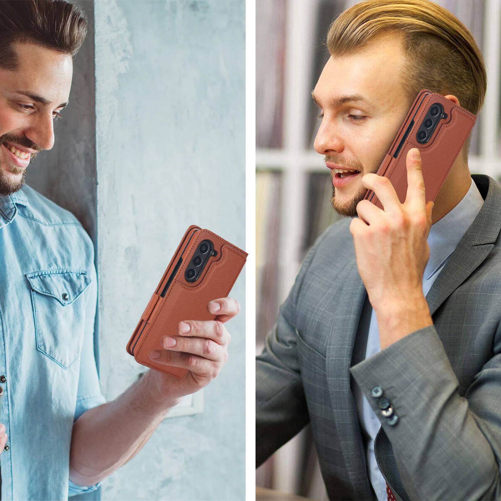 Alt View 5. Dteck - For Samsung Galaxy Z Fold8 Ultra Wallet Case Shockproof PU Leather Pen Holder Card Slots Magnetic Clasp Kickstand Cover - Brown.