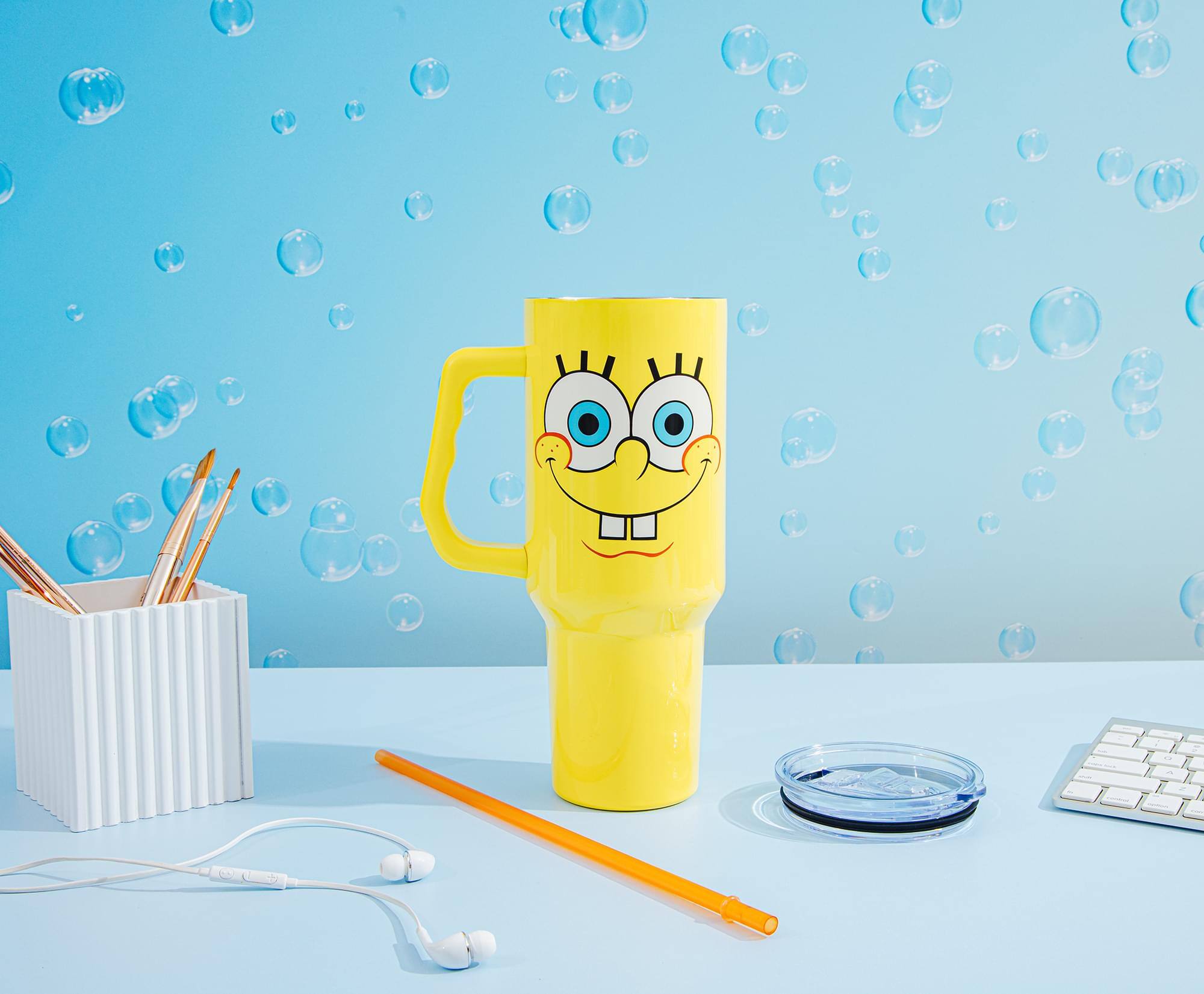 Alt View 2. Silver Buffalo - Nickelodeon SpongeBob SquarePants Face Stainless Steel Tumbler With Handle - Yellow.