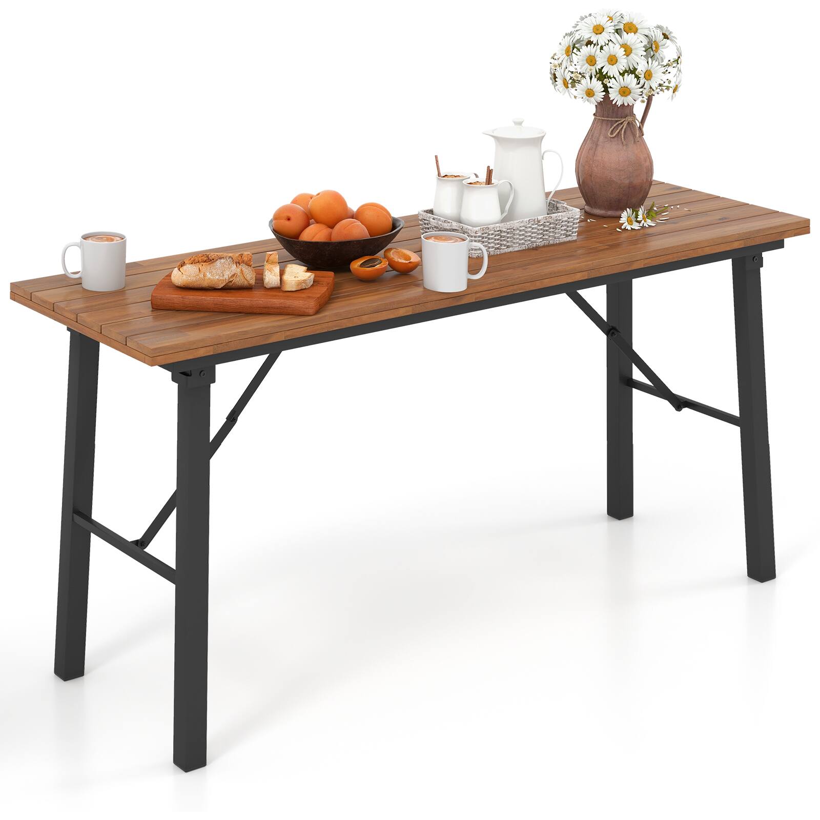 Left. SlickBlue - Acacia Wood Folding Dining Table with Metal Frame for Picnics & Outdoor Activities - Natural.