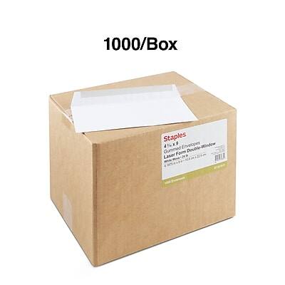 1000/Box  
Staples  
4 x 9 Envelopes  
Double-Window Gummed  
Laser-Friendly  
100% Recycled