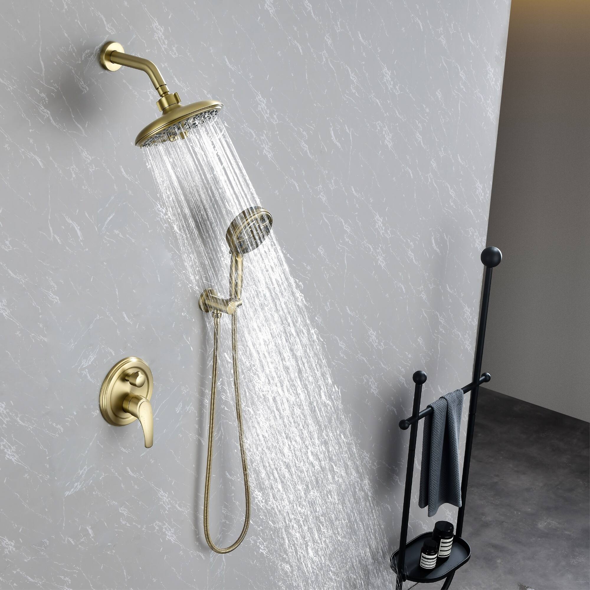 Alt View 3. Boyel Living - Brushed Gold Shower Set Brass SUS304 2-Function Valve 8-Inch Top Spray 9-Function Handheld 60-Inch Hose cUPC - Brushed Gold.