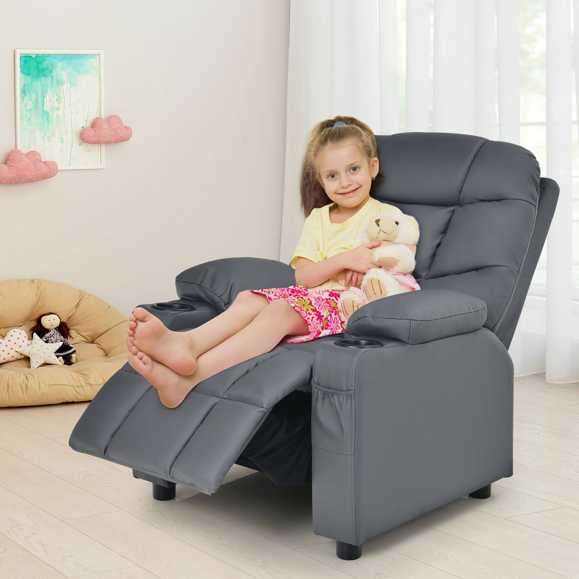 Alt View 3. Costway - Costway Kids Youth Recliner Chair PU Leather w/Cup Holders & Side Pockets - Gray.