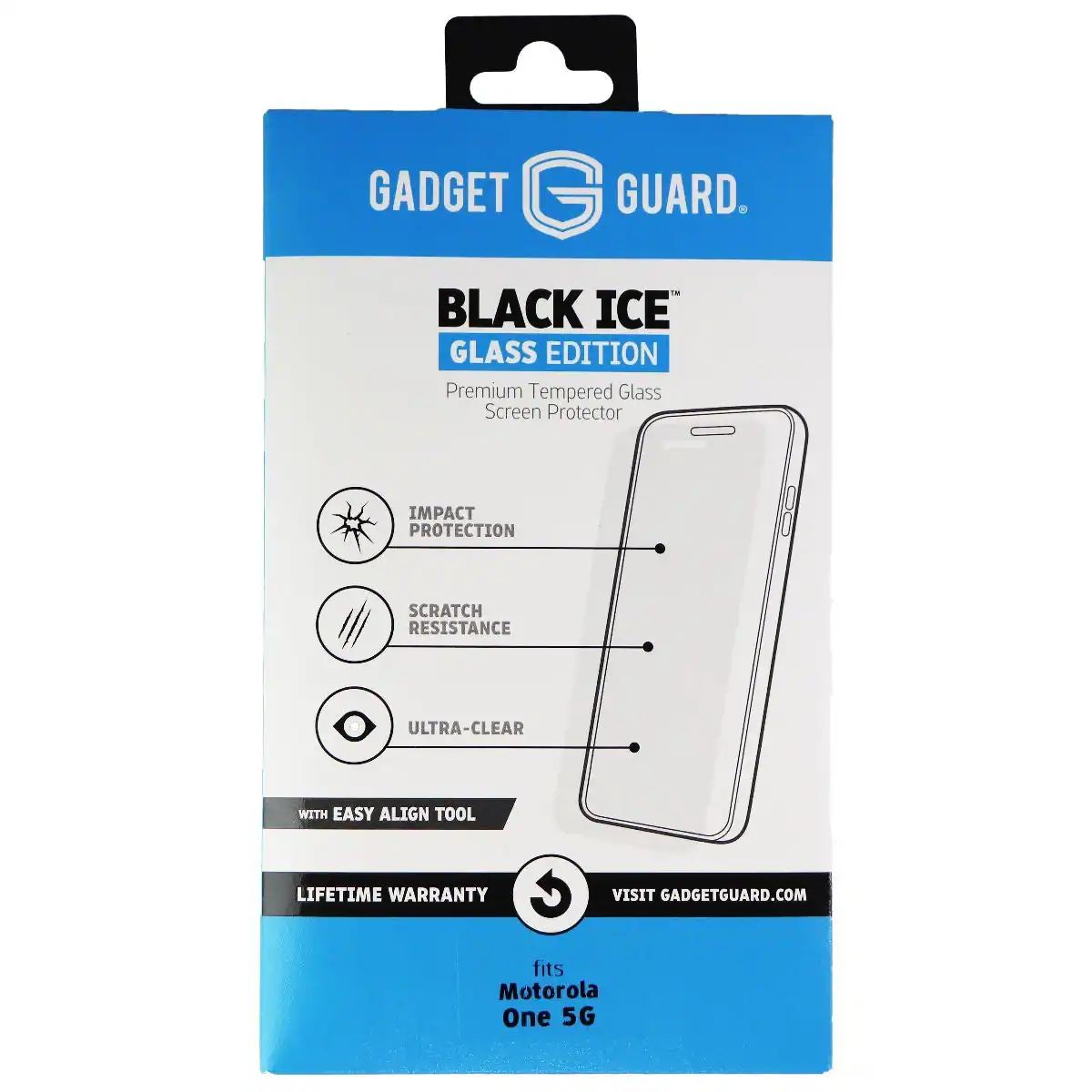 GADGET GUARD. BLACK ICE GLASS EDITION Premium Tempered Glass Screen Protector IMPACT PROTECTION SCRATCH RESISTANCE ULTRA-CLEAR WITH EASY ALIGN TOOL LIFETIME WARRANTY VISIT GADGETGUARD.COM fits Motorola One 5G