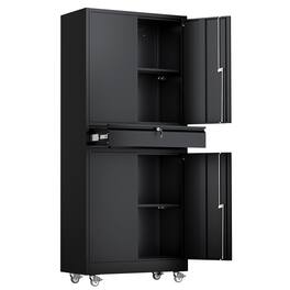 Winado - 71" Heavy Duty Metal Storage Cabinet with Drawer & Wheels & Locking System & Shelves for Garages, Warehouses, Workshops - Black
