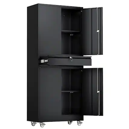 Front. Winado - 71" Heavy Duty Metal Storage Cabinet with Drawer & Wheels & Locking System & Shelves for Garages, Warehouses, Workshops - Black.