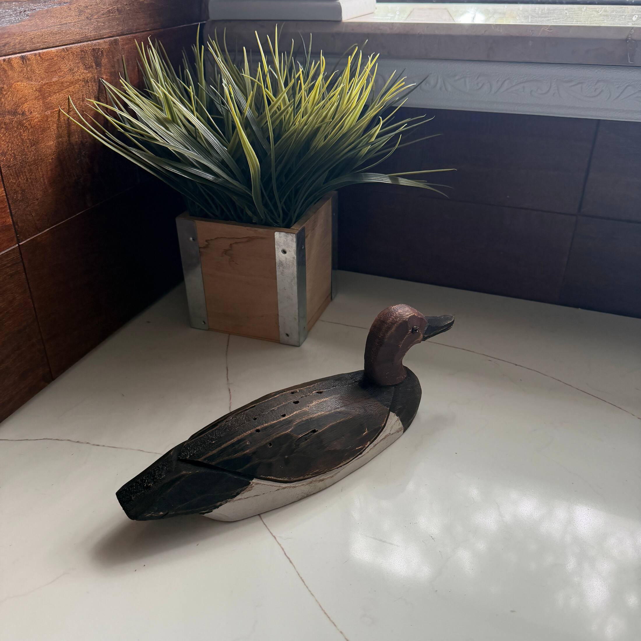 Alt View 4. Things2Die4 - Rustic Hand-Carved Wood Duck Figurine 10.5 Inch Distressed Tabletop Decor - Red/Brown.