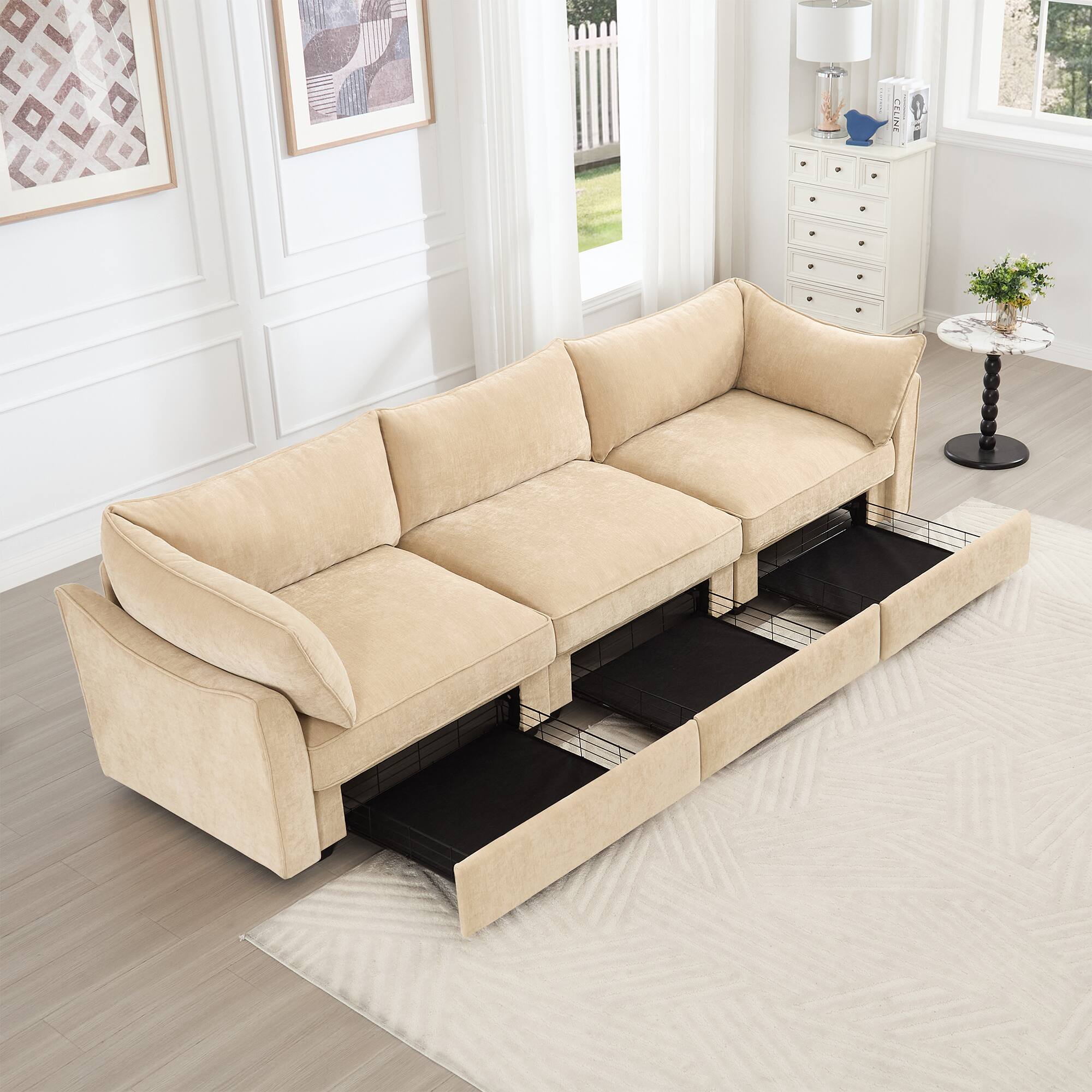 Left. Aukfa - 3-Seater Sofa with Pull-Out Drawers - Crescent-Shaped Armrests, Chenille Fabric, Wraparound Cushions - Hazelwood.
