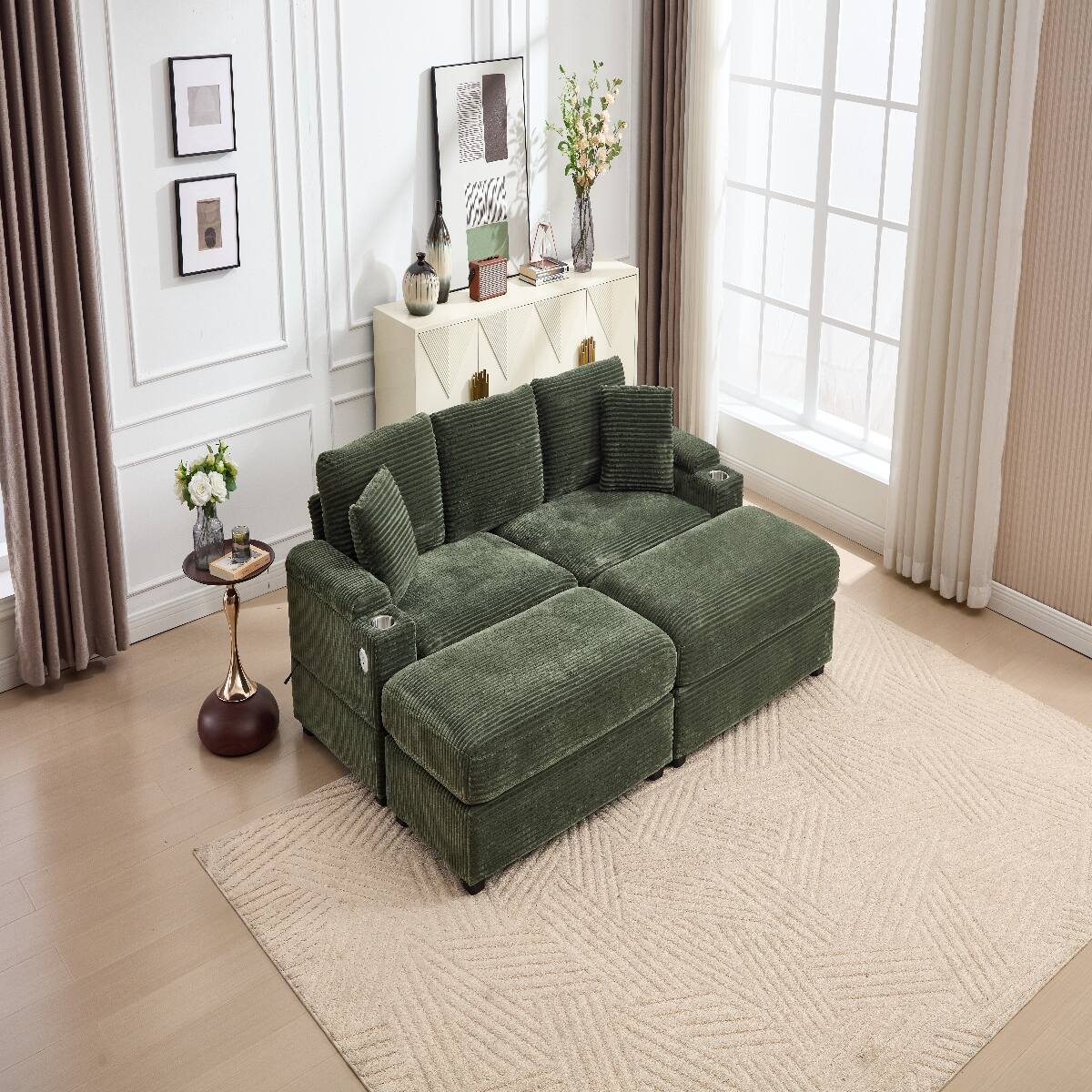 Front. Ropilly - Ropilly Modular Sectional Sofa, Deep Seat Convertible Sofa Bed, Green Corduroy Upholstered 4 Seat Couch - Green.