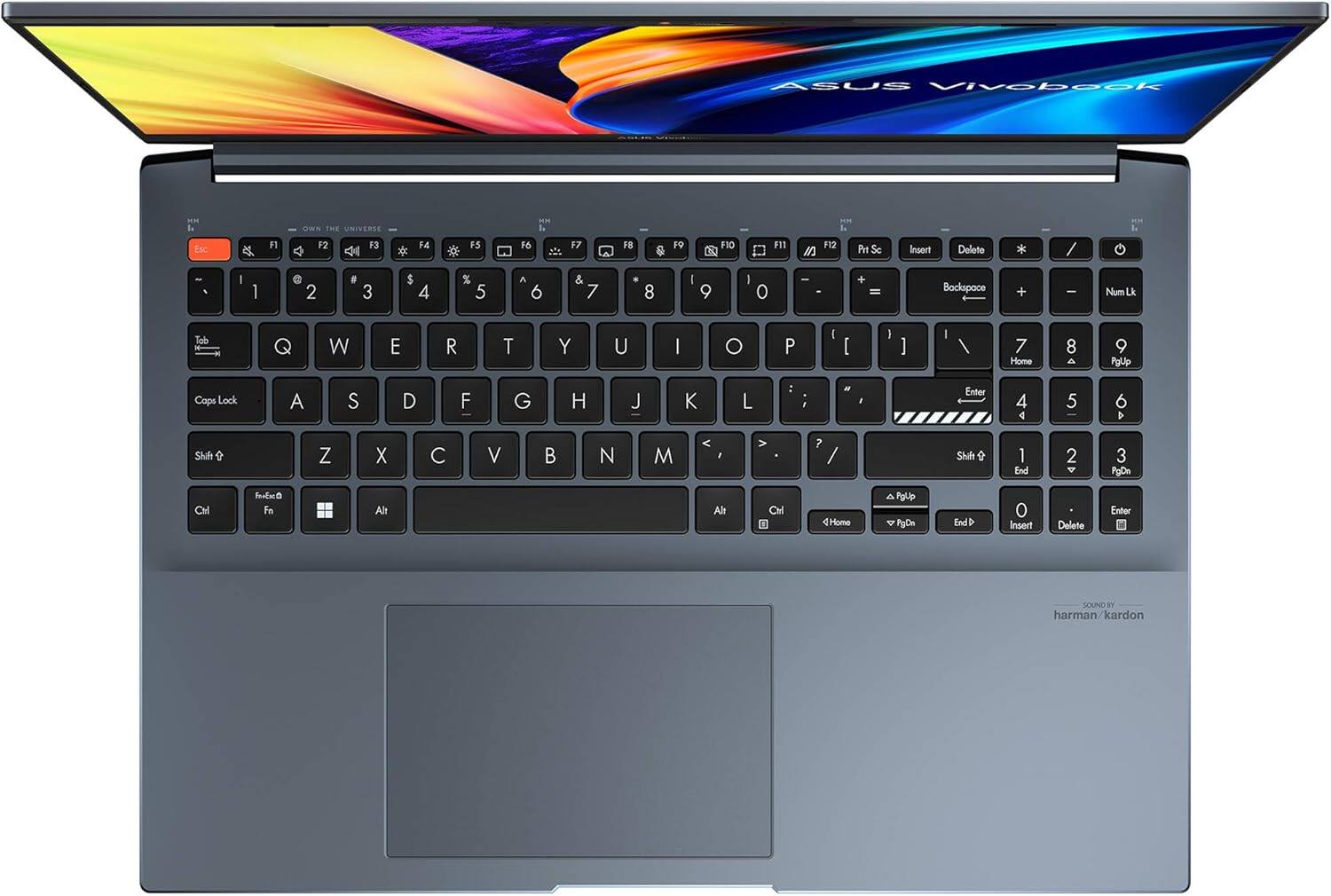 ASUS Vivobook L

Esc F1 F2 F3 F4 F5 F6 F7 F8 F9 F10 F11 F12 Prt Sc Insert Delete Backspace Tab Q W E R T Y U I O P [ ] \ Home 8 9 PoUp Cops Lock A S D F G H J K L : N Enter 4 4 5 6 4 Shif Z X C V B N M , > ? / Shift 9 1 End 2 4 3 PgUp CHl hdw Fn Alt Alt dHome PgUp PgDn End O Insert Delete Entor SOUND E harman/kardon