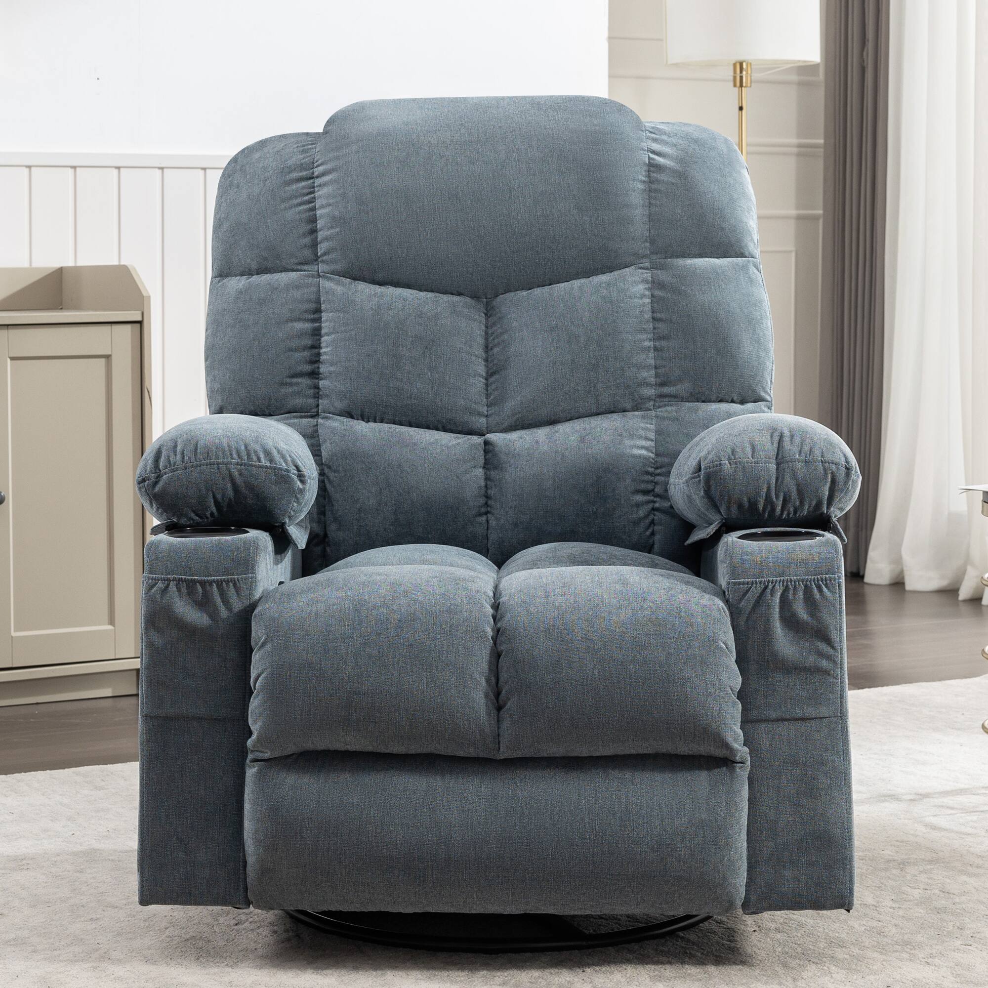 Angle. TinyHomie - Massage Rocker Recliner Chair Rocking Chairs with 2 Cup Holders USB Charge Port Soft Features a Manual Massage and Heat - Blue.