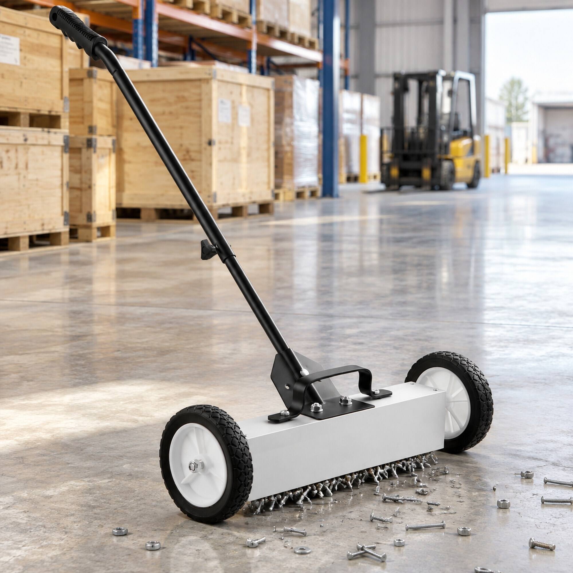 Left. RYHNUYNE - 45 lbs Rolling Magnetic Sweeper, 18 in Push-Type Pickup Tool, Telescoping Handle, Quick Release, Garage Yard - White.