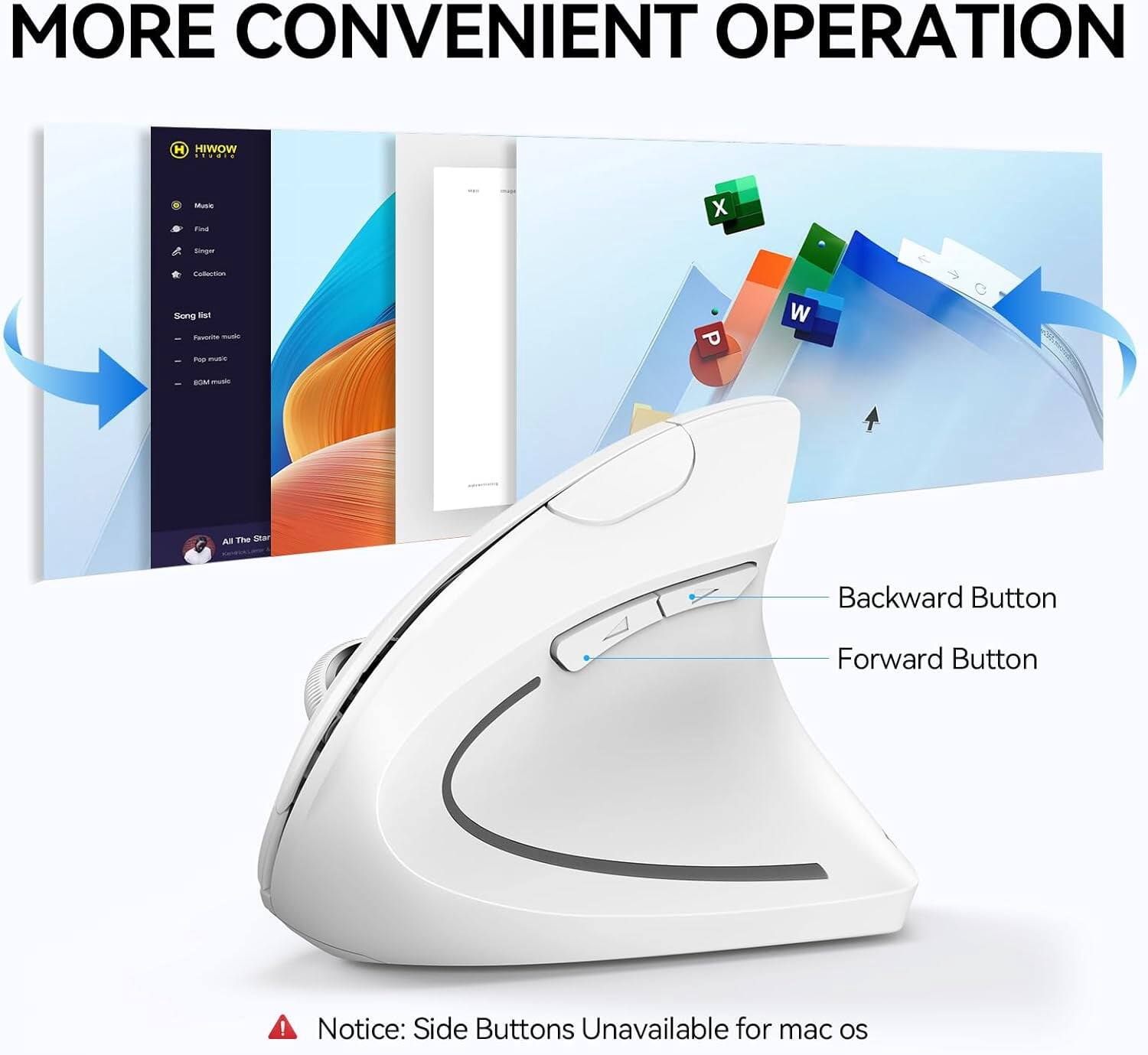 MORE CONVENIENT OPERATION

HIWOW
Music
Find
Singer
Collection
Song list
Favorite music
Fug music
BGM music
All The CUTOR

Backward Button
Forward Button

Notice: Side Buttons Unavailable for mac OS
