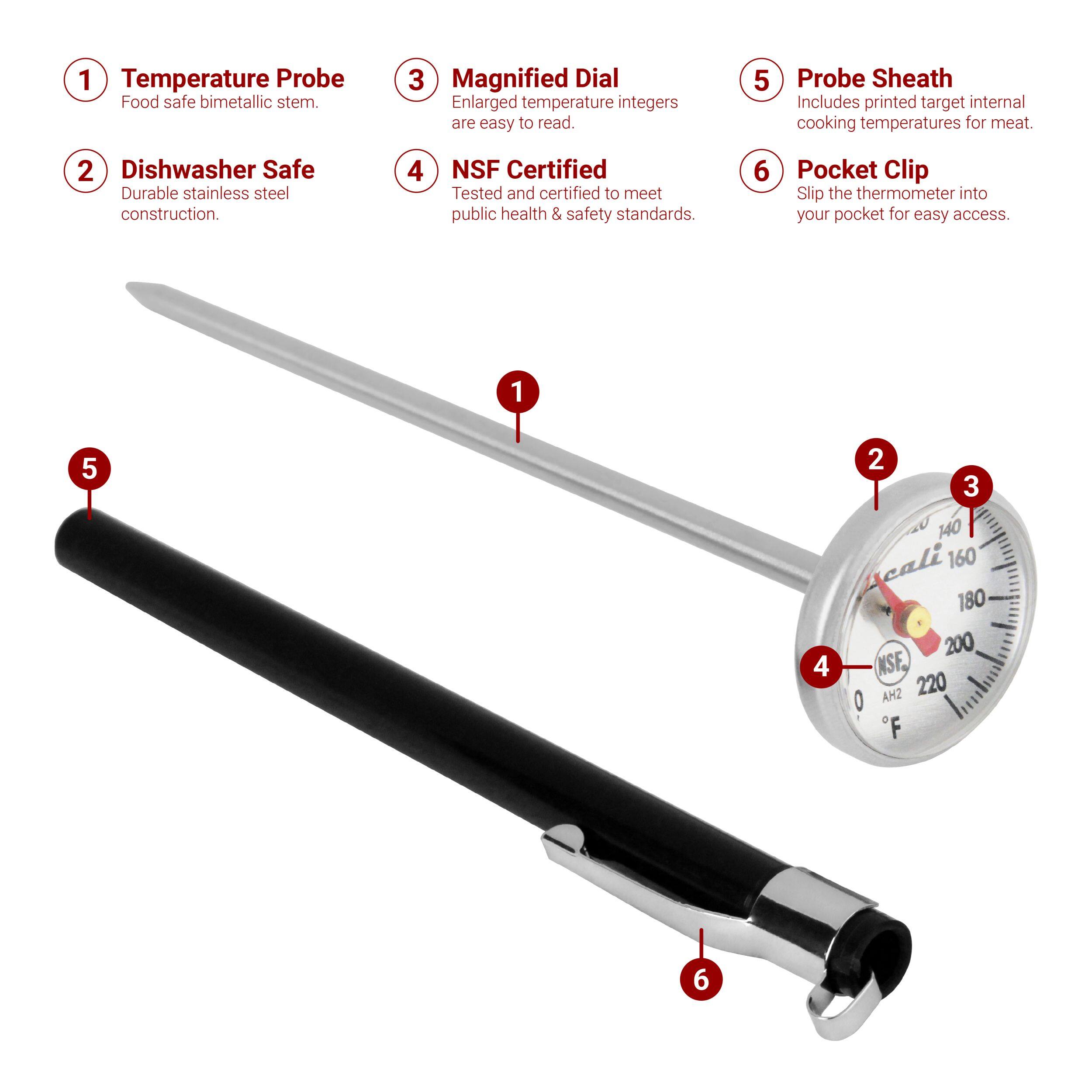 1. Temperature Probe - Food safe bimetallic stem.
2. Dishwasher Safe - Durable stainless steel construction.
3. Magnified Dial - Enlarged temperature integers are easy to read.
4. NSF Certified - Tested and certified to meet public health & safety standards.
5. Probe Sheath - Includes printed target internal cooking temperatures for meat.
6. Pocket Clip - Slip the thermometer into your pocket for easy access.