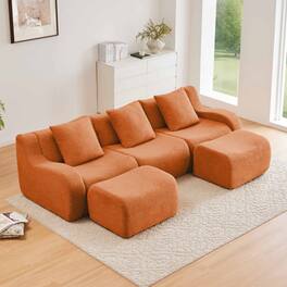 Aukfa - Modular Teddy Fabric Sofa - 3-Seat Sectional with 2 Ottomans, Soft Boneless Design for Living Room - Orange