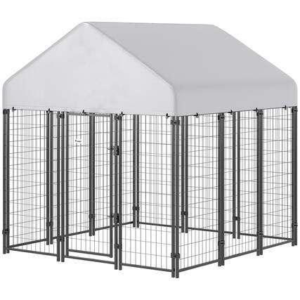 Front. Pawhut - Dog Kennel with Roof - Silver.