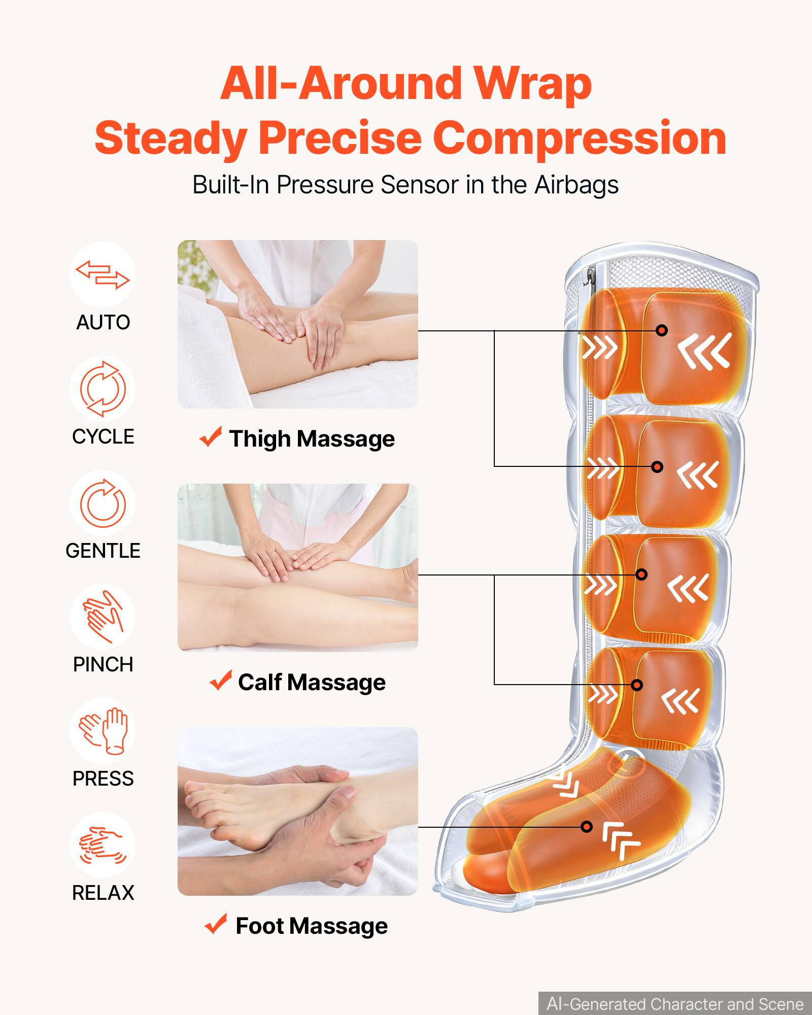All-Around Wrap Steady Precise Compression  
Built-In Pressure Sensor in the Airbags  

AUTO  
CYCLE  
GENTLE  
PINCH  
PRESS  
RELAX  

Thigh Massage  
Calf Massage  
Foot Massage  

AI-Generated Character and Scene