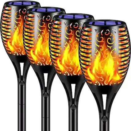 Front. Hivvago - Set of 4 - Outdoor Solar Lights LED Tiki Torch Polynesian Style Path Lighting - Black.