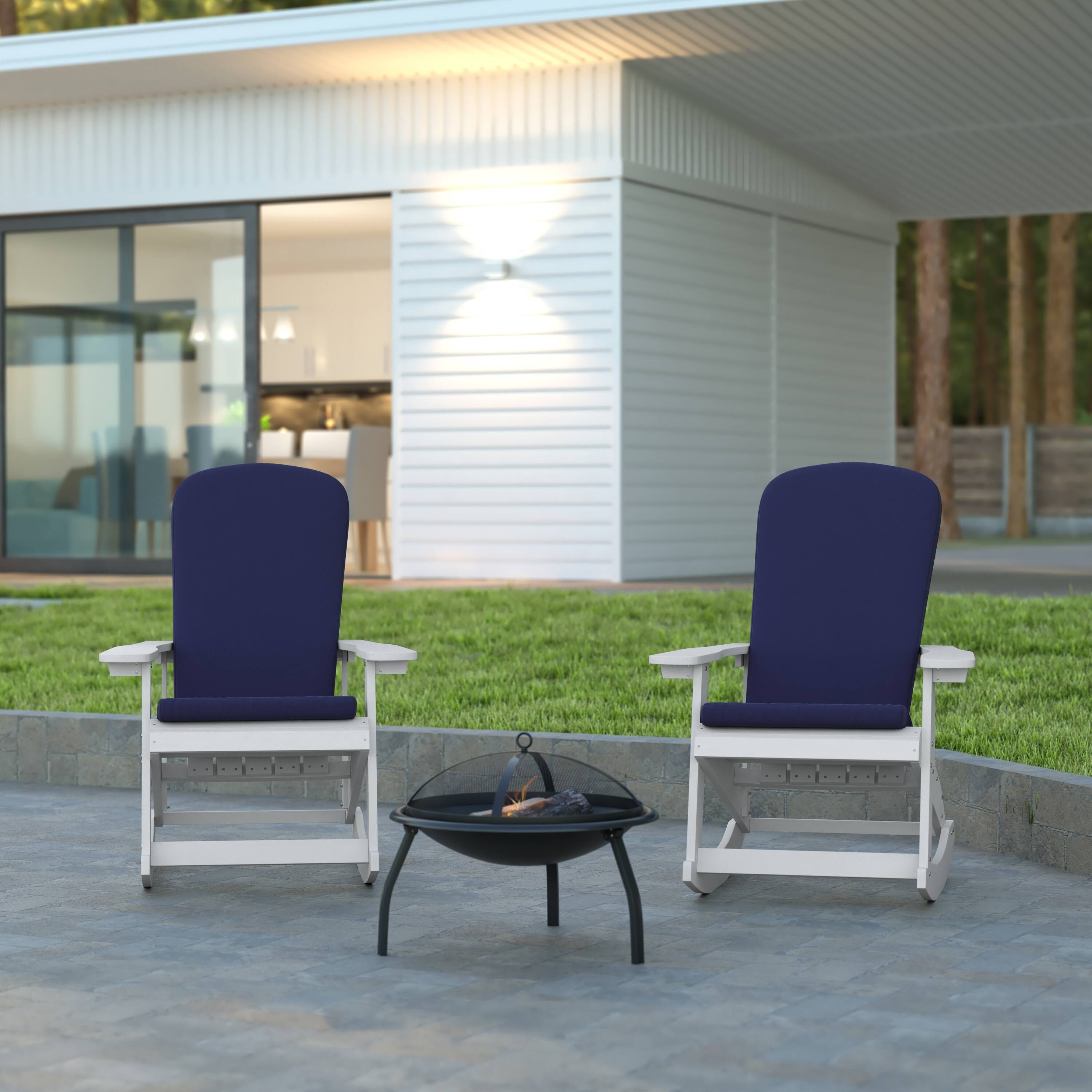 Alt View 2. Emma + Oliver - Marcy Set of 2 All-Weather Poly Resin Adirondack Rocking Chairs with Cushions - Blue Cushions/White Frame.