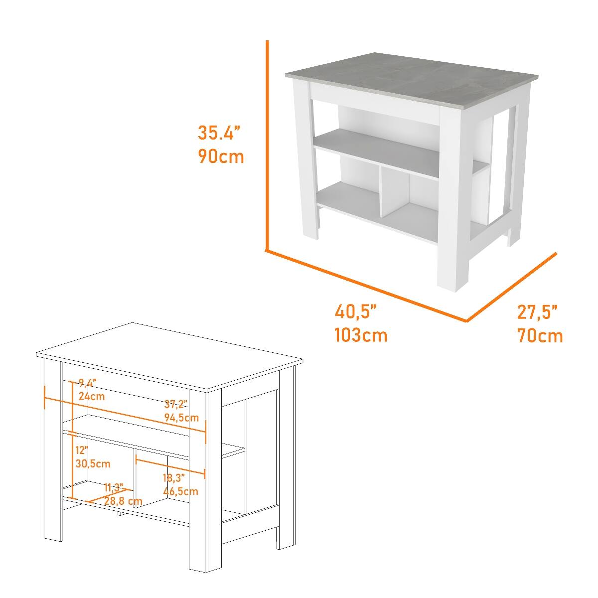35.4" 90cm  
40.5" 103cm  
27.5" 70cm  
9.4" 24cm  
37.2" 94.5cm  
12" 30.5cm  
11.35% 28.8 cm  
18.3" 46.5cm