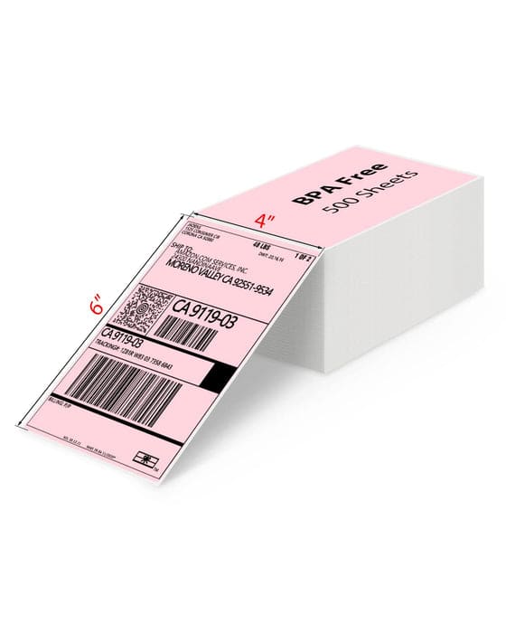 JADENS - 4x6" Fanfold Thermal Shipping Labels – 250 Labels/Stack, Waterproof, Oil-Resistant, BPA/BPS-Free, Easy-Peel Design - Pink