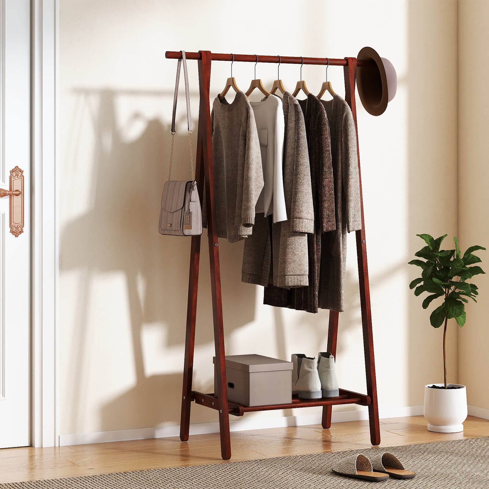 Alt View 1. Costway - Costway Folding Rubber Wood Clothes Hanging Rack with Bottom Storage Shelf for Bedroom - Walnut.