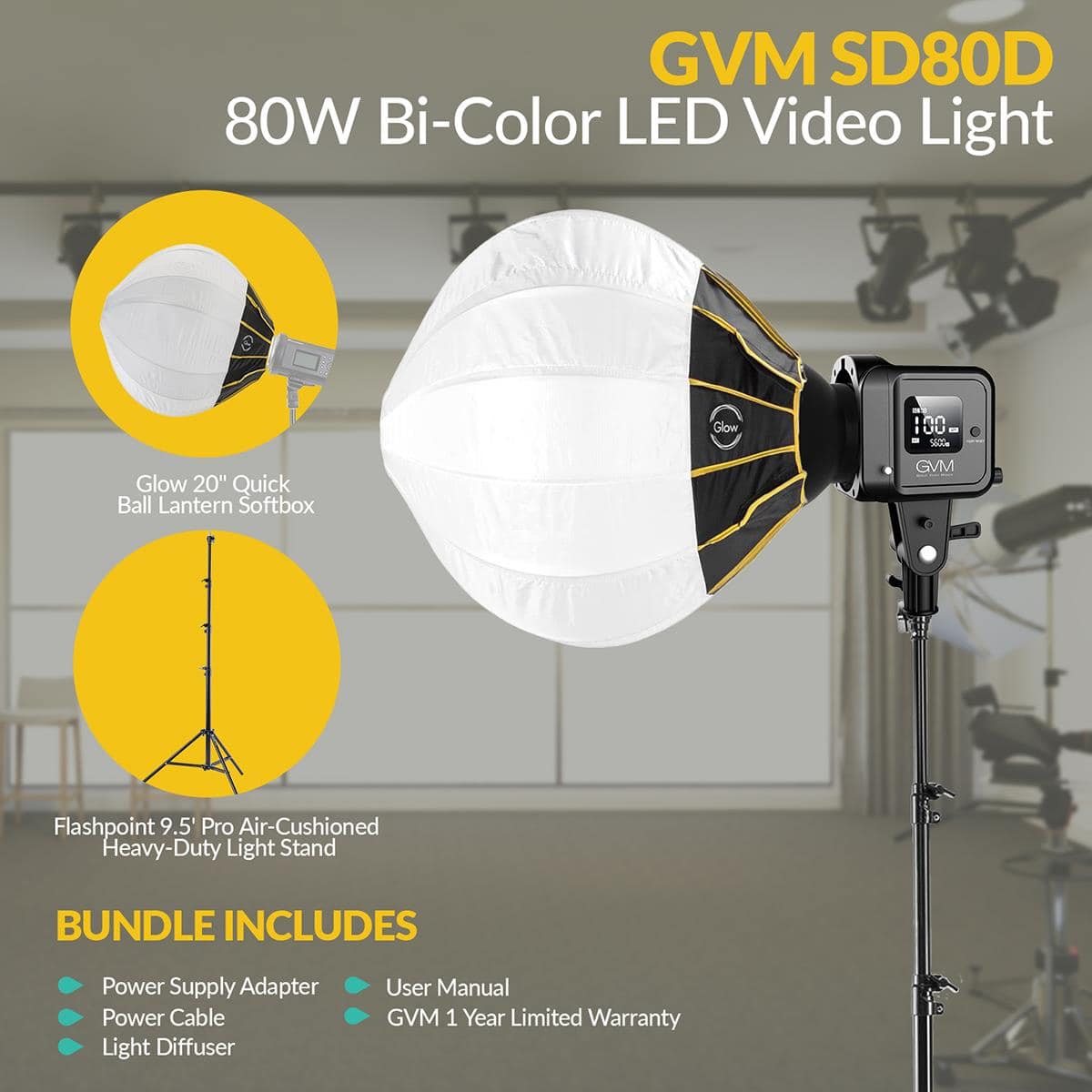 "GVM - SD80D 80W Bi-Color LED Video Light, Bundle with Glow 20"" Quick Ball Lantern Softbox and Flashpoint 9.5' Pro" price history on PriceWatchPro
