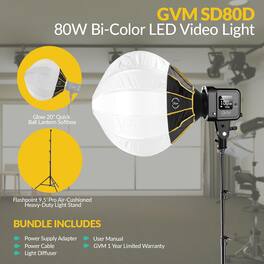 GVM - SD80D 80W Bi-Color LED Video Light, Bundle with Glow 20" Quick Ball Lantern Softbox and Flashpoint 9.5' Pro