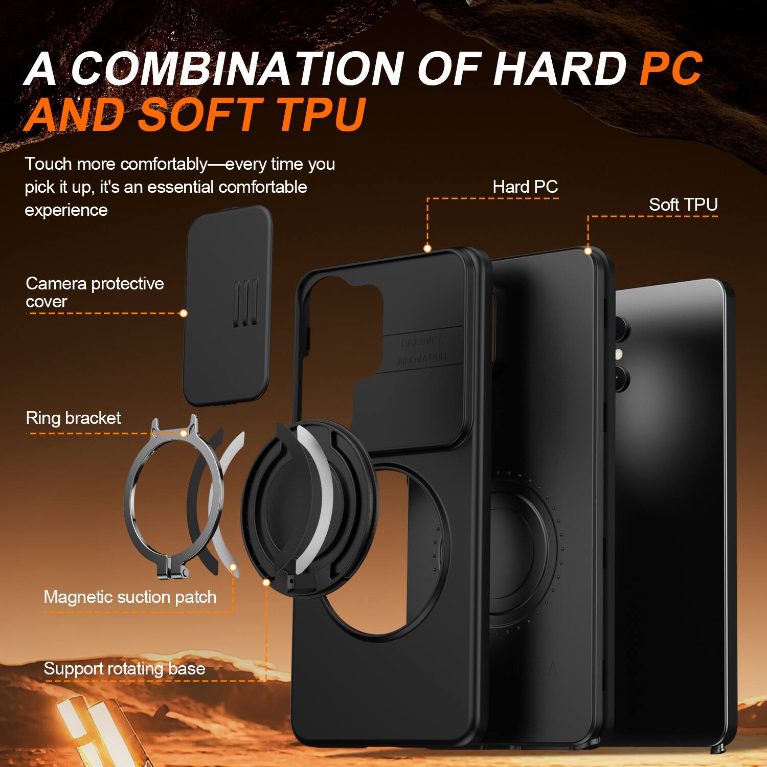 A COMBINATION OF HARD PC AND SOFT TPU

Touch more comfortably—every time you pick it up, it's an essential comfortable experience

Camera protective cover
Ring bracket
Magnetic suction patch
Support rotating base

Hard PC
Soft TPU