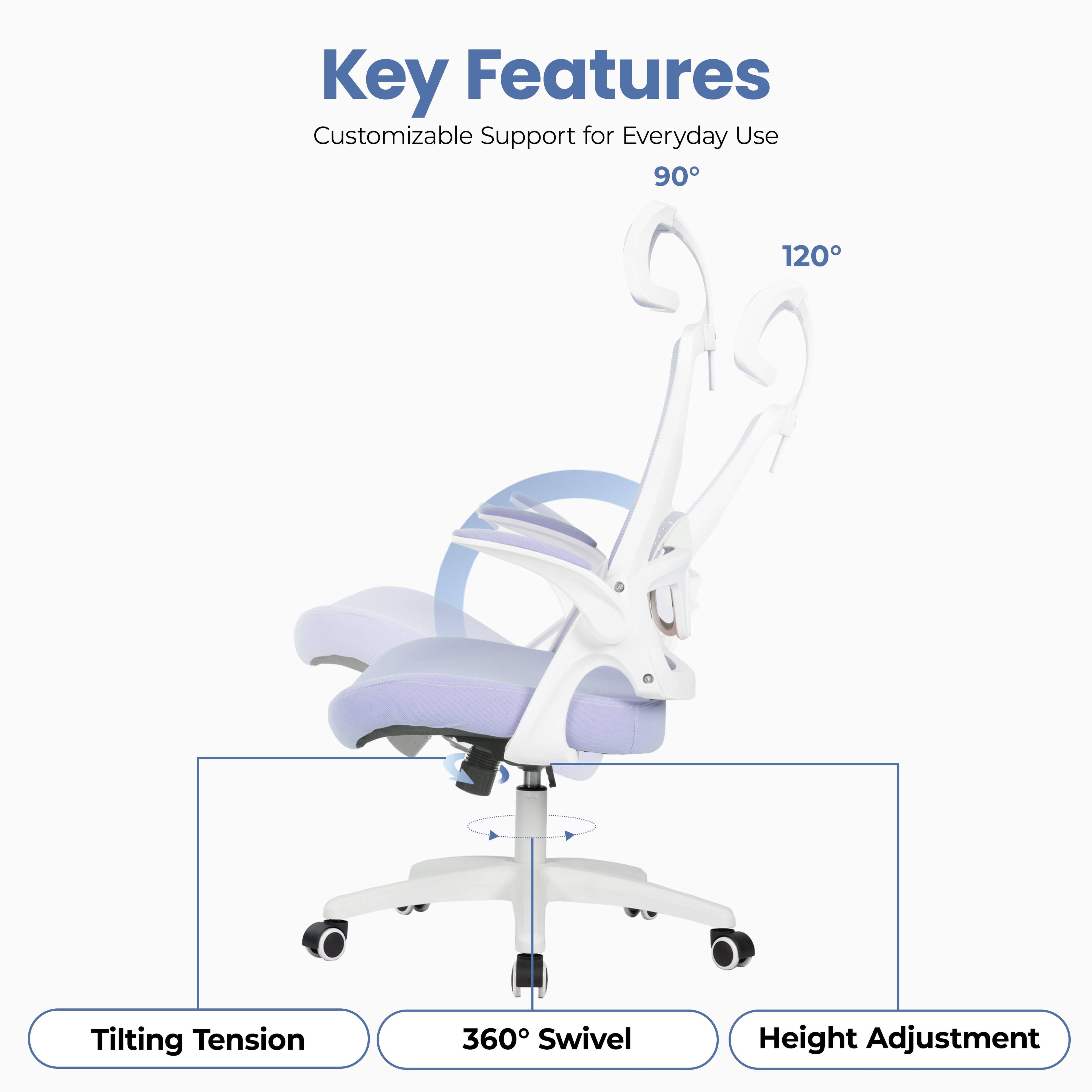Key Features  
Customizable Support for Everyday Use  
90°  
120°  
Tilting Tension  
360° Swivel  
Height Adjustment