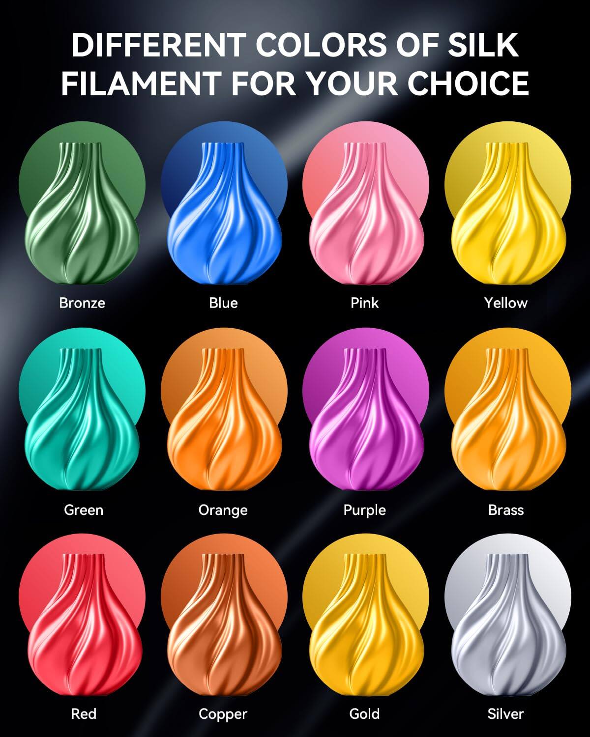DIFFERENT COLORS OF SILK FILAMENT FOR YOUR CHOICE

- Bronze
- Blue
- Pink
- Yellow
- Green
- Orange
- Purple
- Brass
- Red
- Copper
- Gold
- Silver