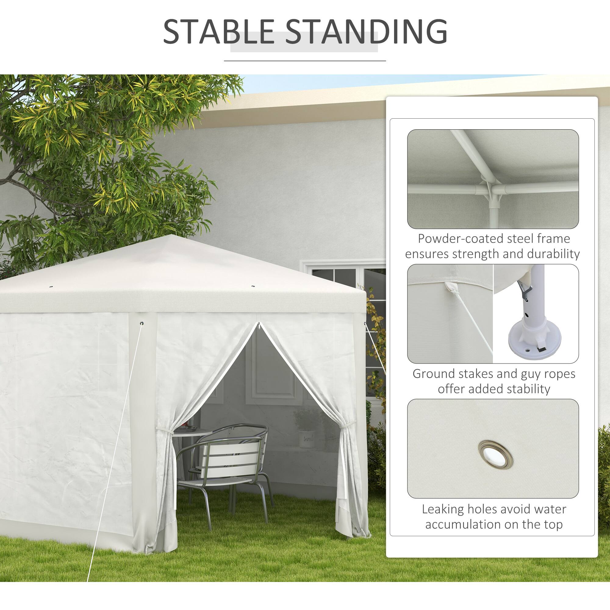 STABLE STANDING

Powder-coated steel frame ensures strength and durability
Ground stakes and guy ropes offer added stability
Leaking holes avoid water accumulation on the top