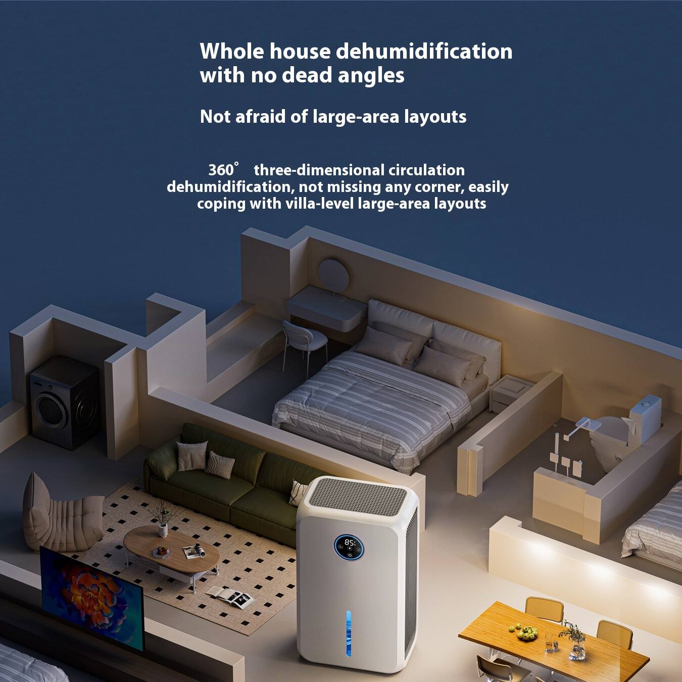 Whole house dehumidification with no dead angles  
Not afraid of large-area layouts  

360° three-dimensional circulation dehumidification, not missing any corner, easily coping with villa-level large-area layouts