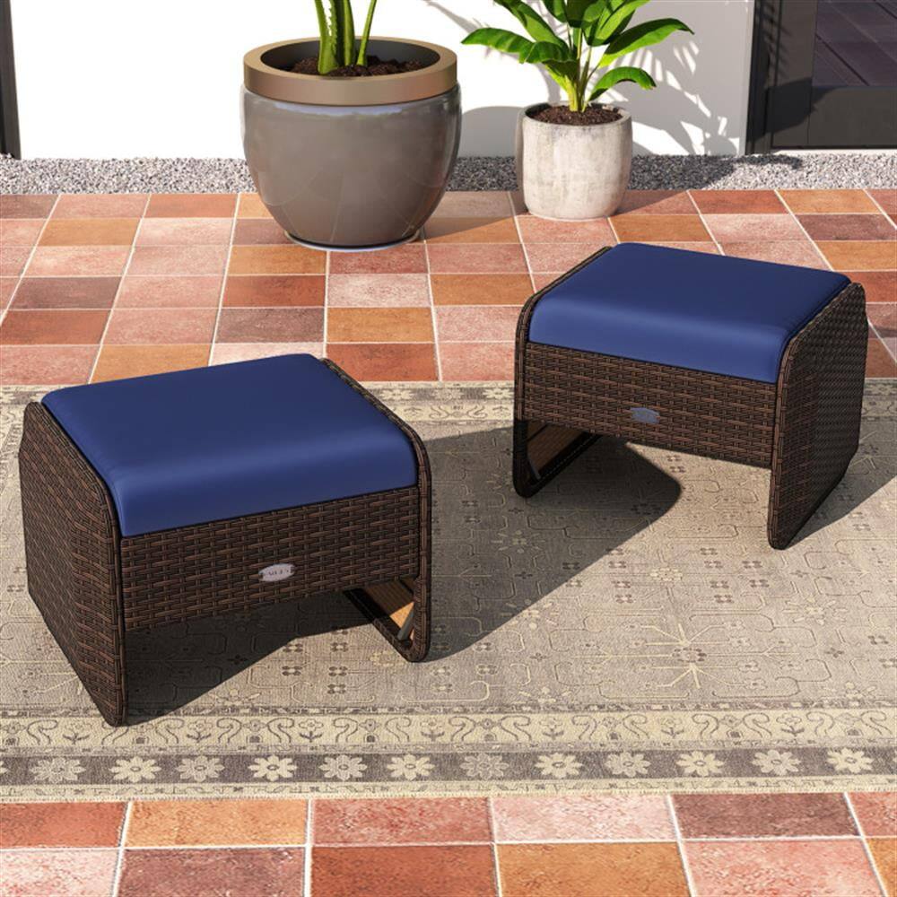 Left. Kadyn - Outdoor Footstool Footrest,2 Pieces Outdoor Patio PE Wicker Ottomans with Removable Cushions-Navy - Blue.