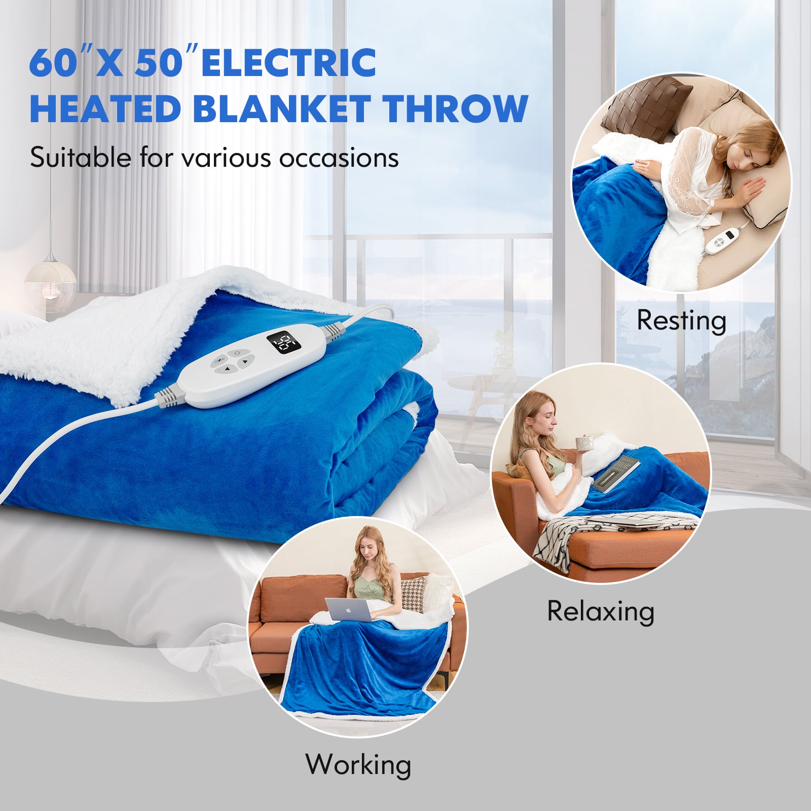 The text on the image is grouped and corrected as follows:
60"X 50" Electric Heated Blanket Throw Suitable for various occasions: Resting, Relaxing, Working.