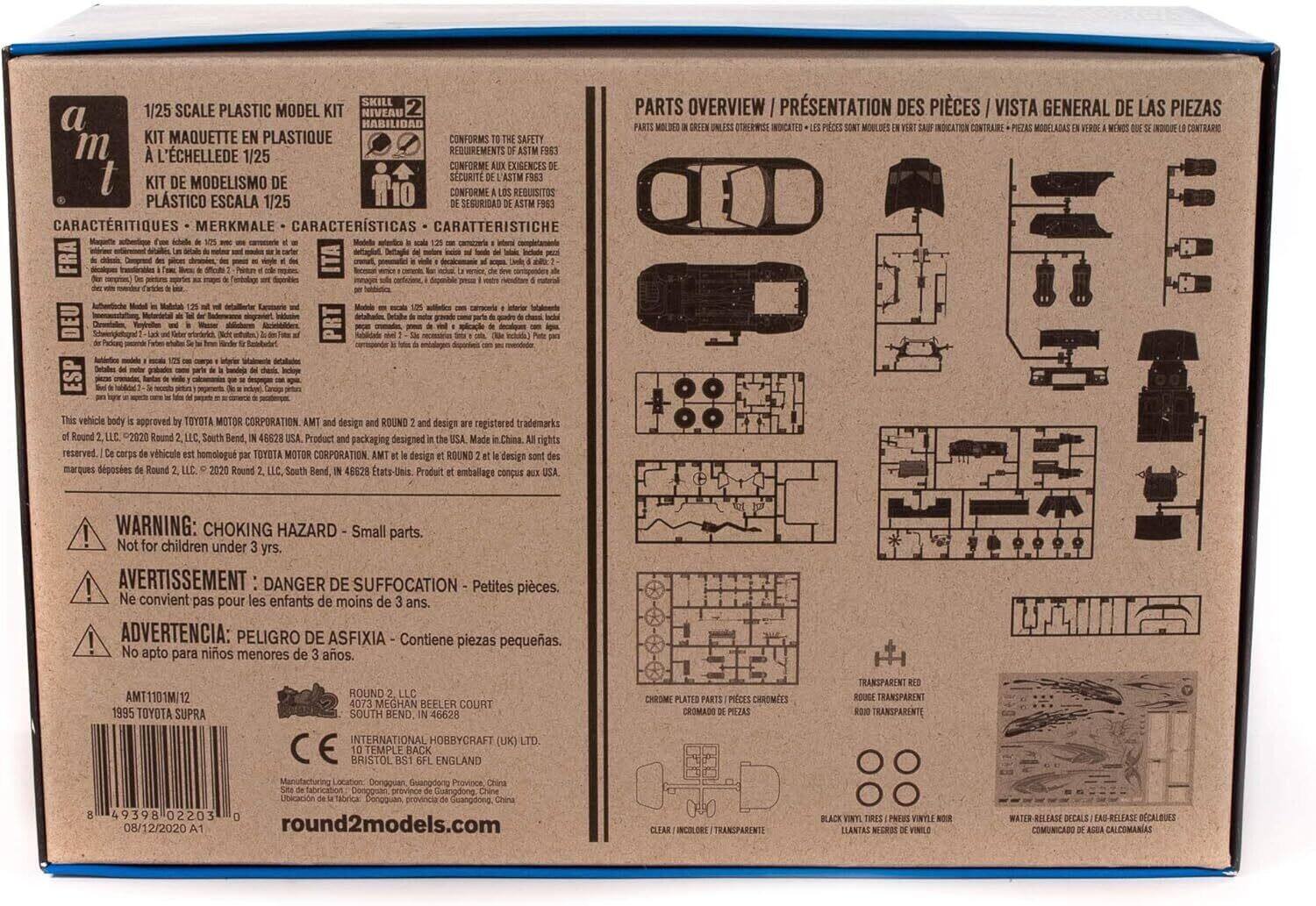 1/25 SCALE PLASTIC MODEL KIT  
SKILL 1/25 SCALE PLASTIC MODEL KIT  
KIT MAQUETTE EN PLASTIQUE A L'ÉCHELLE DE 1/25  
KIT DE MODELISMO DE PLASTICO ESCALA 1/25  

CONFORMS SAFETY REQUIREMENTS OF ASTM F963  
CONFORME AUX EXIGENCES DE LA SÉCURITÉ ASTM F963  
CONFORME A LOS REQUISITOS DE SEGURIDAD ASTM F963  
CONFORME A LE REGOLAMENTO SULLE ESIGENZE DI SICUREZZA ASTM F963  

This vehicle body is approved by TOYOTA MOTOR CORPORATION. AMT and design and ROUND 2 and design are registered trademarks of Round 2, LLC. "2020 Round 2, LLC, South Bend, IN 46528 USA. Product and packaging designed in the USA. Made in China. All rights reserved.  
Le corps véhicule homologué par TOYOTA MOTOR CORPORATION. AMT et le design et ROUND 2 et le design sont des marques déposées de Round 