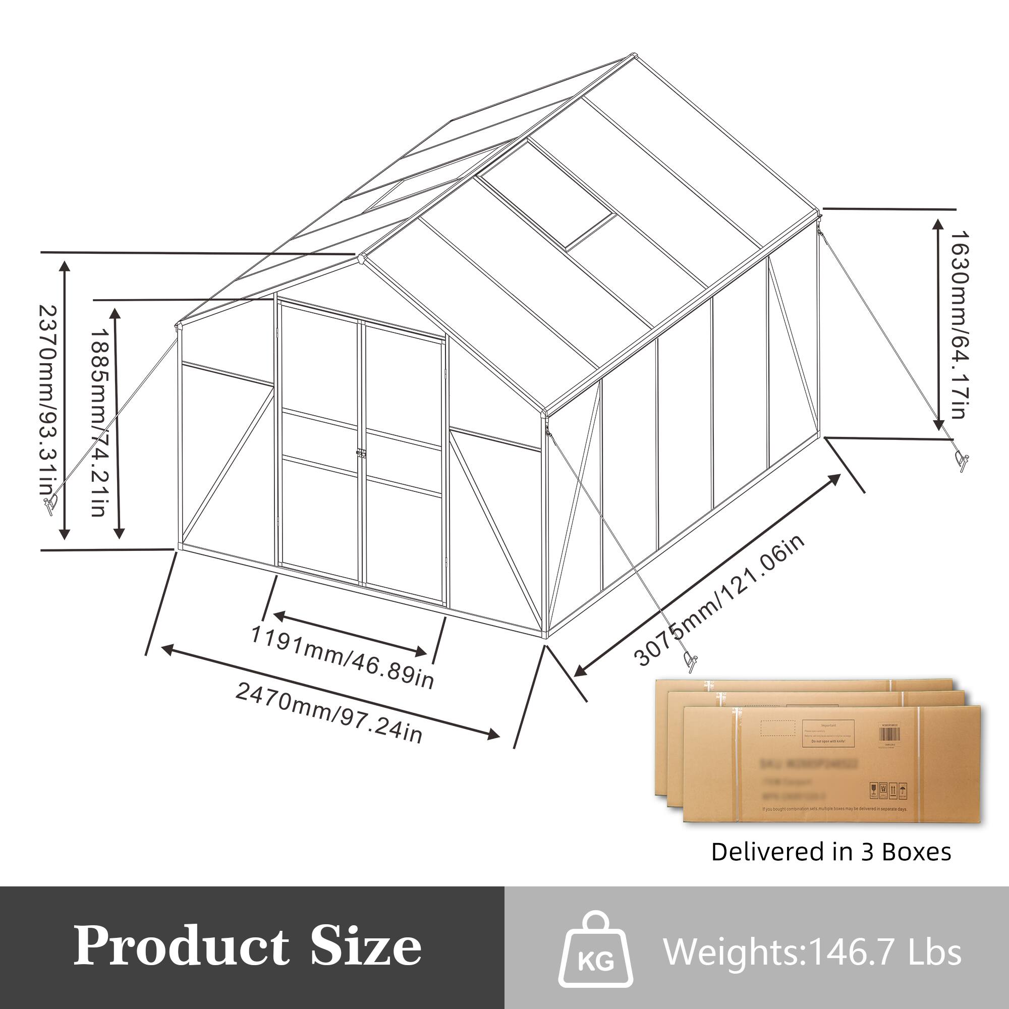 2370mm/93.31in  
1885mm/74.21in  
1191mm/46.89in  
2470mm/97.24in  
3075mm/121.06in  
1630mm/64.17in  

Delivered in 3 Boxes  

Product Size  
Weights: 146.7 Lbs