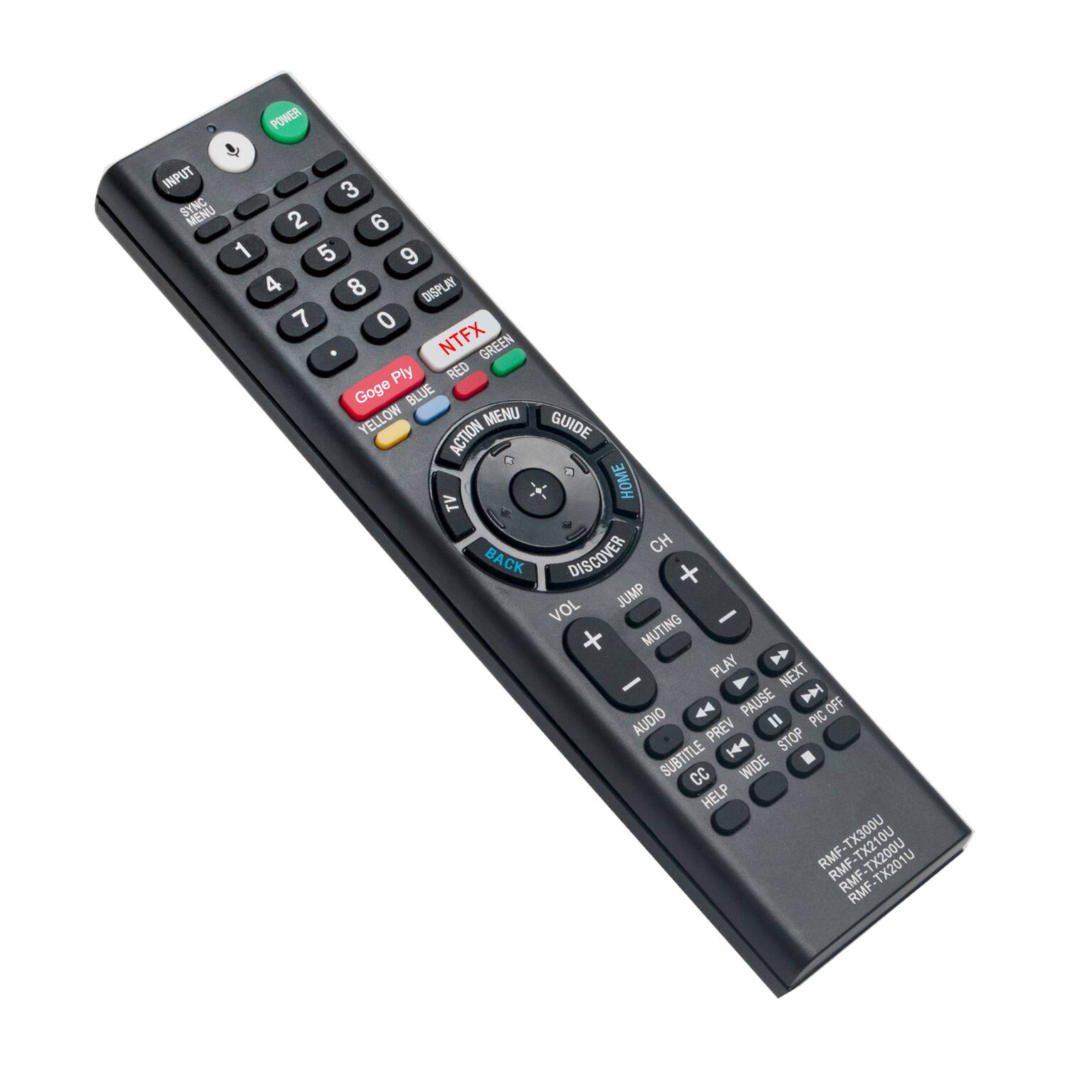POWER INPUT 3 SYNC MENU 2 6 1 5 9 4 8 DISPLAY 7 0 NTFX GREEN Ply RED Goge BLUE YELLOW MENU GUIDE ACTION + HOME TV CH BACK DISCOVER + JUMP VOL - + MUTING PLAY N - NEXT PAUSE P 44 OFF AUDIO I PIC PREV STOP SUBTITLE 144 CC WIDE HELP TX300U RMF-TX210U RMF-TX201U TX200U RMF
