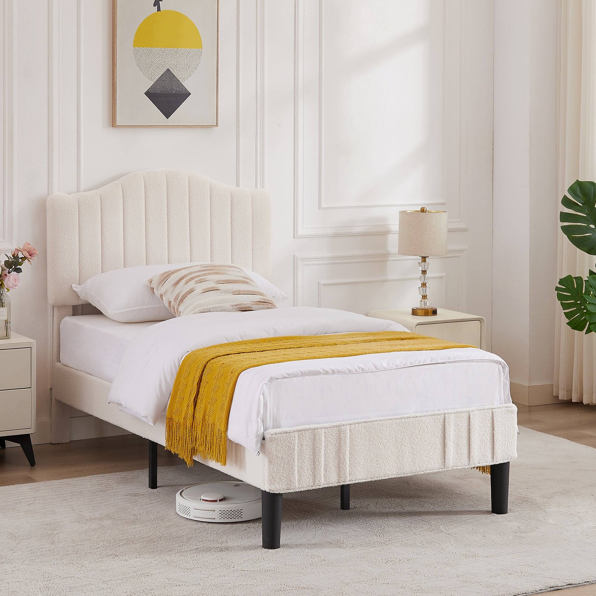 Alt View 3. Vecelo - Queen Size Upholstered Platform Bed Frame with Adjustable Headboard, Teddy Fabric, No Box Spring Needed - Beige.
