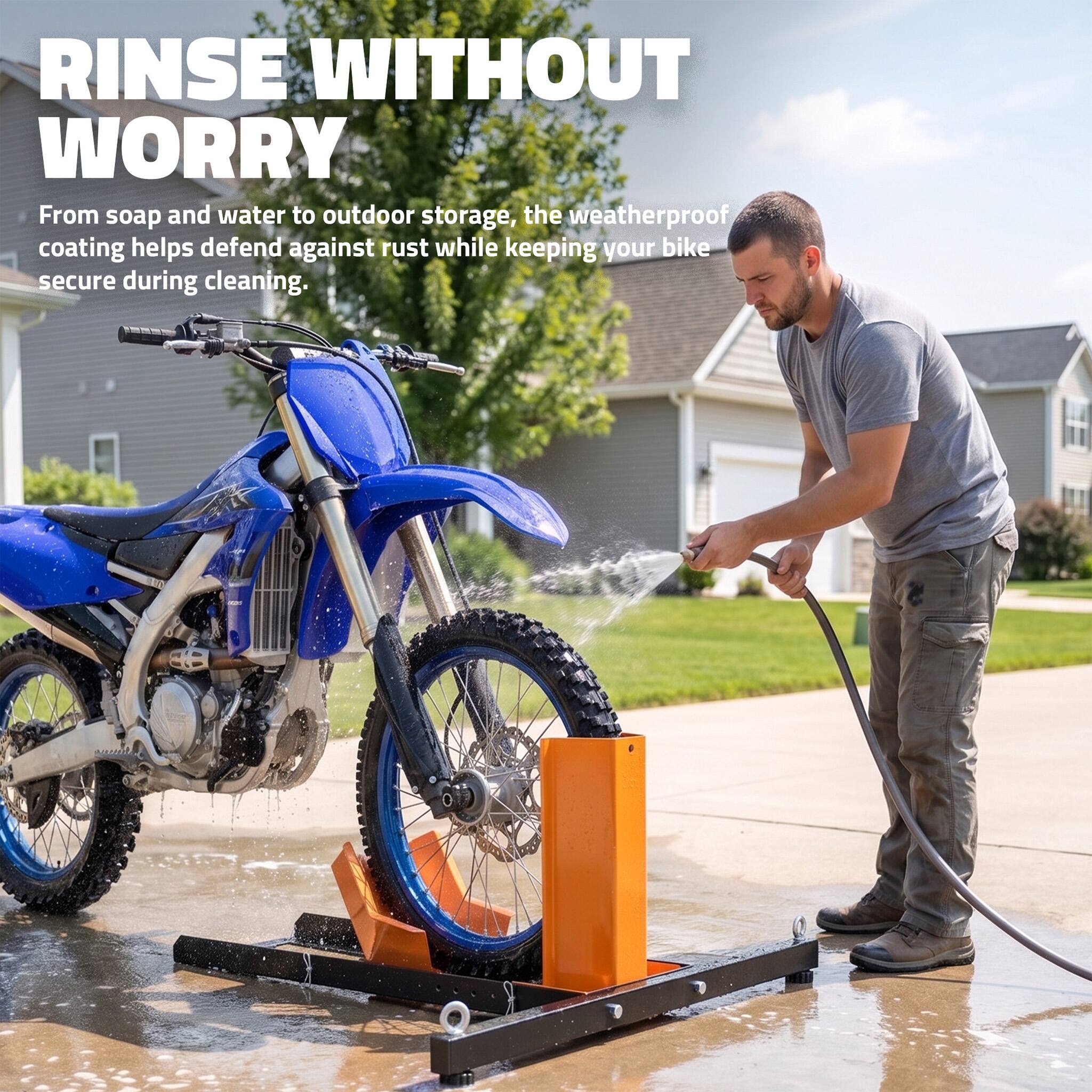 RINSE WITHOUT WORRY

From soap and water to outdoor storage, the weatherproof coating helps defend against rust while keeping your bike secure during cleaning.