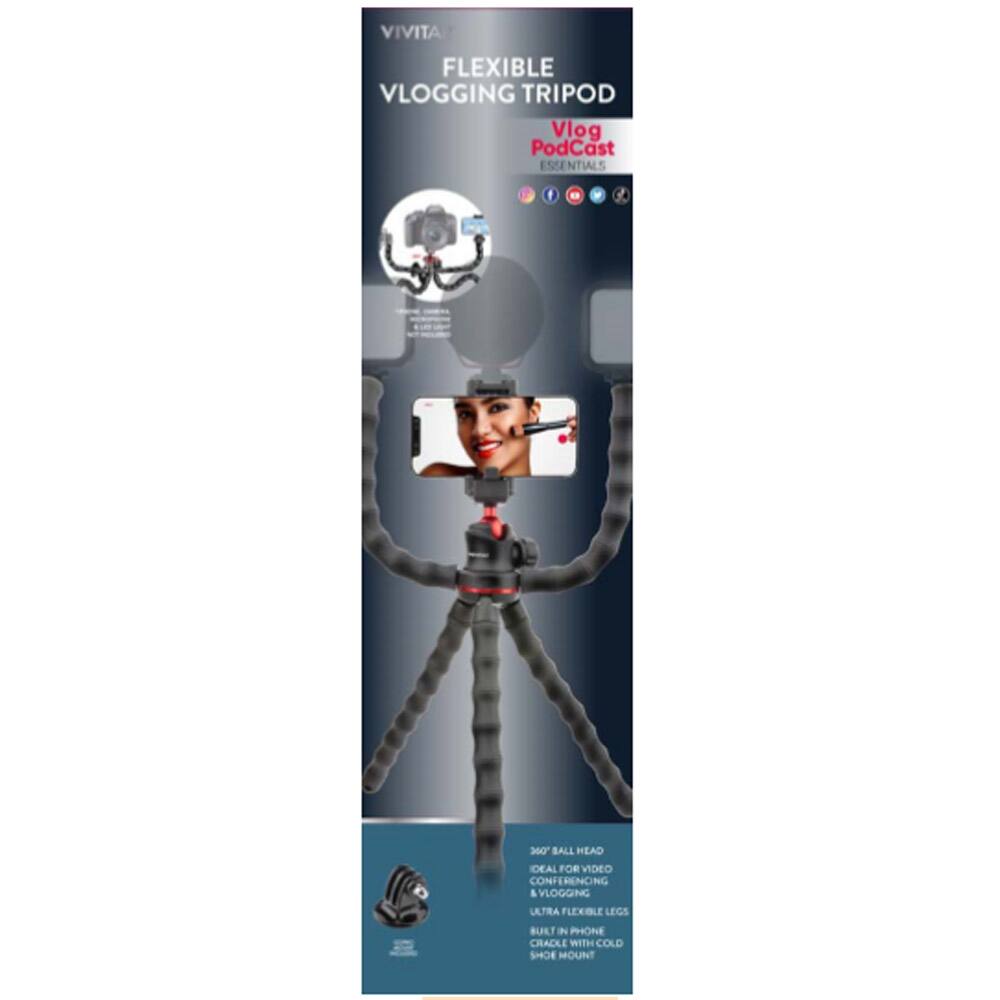 VIVITA FLEXIBLE VLOGGING TRIPOD  
Vlog PodCast ESSENTIALS  

360° BALL HEAD  
IDEAL FOR VIDEO CONFERENCING & VLOGGING  
ULTRA FLEXIBLE LEGS  
BUILT IN PHONE CRADLE WITH COLD SHOE MOUNT