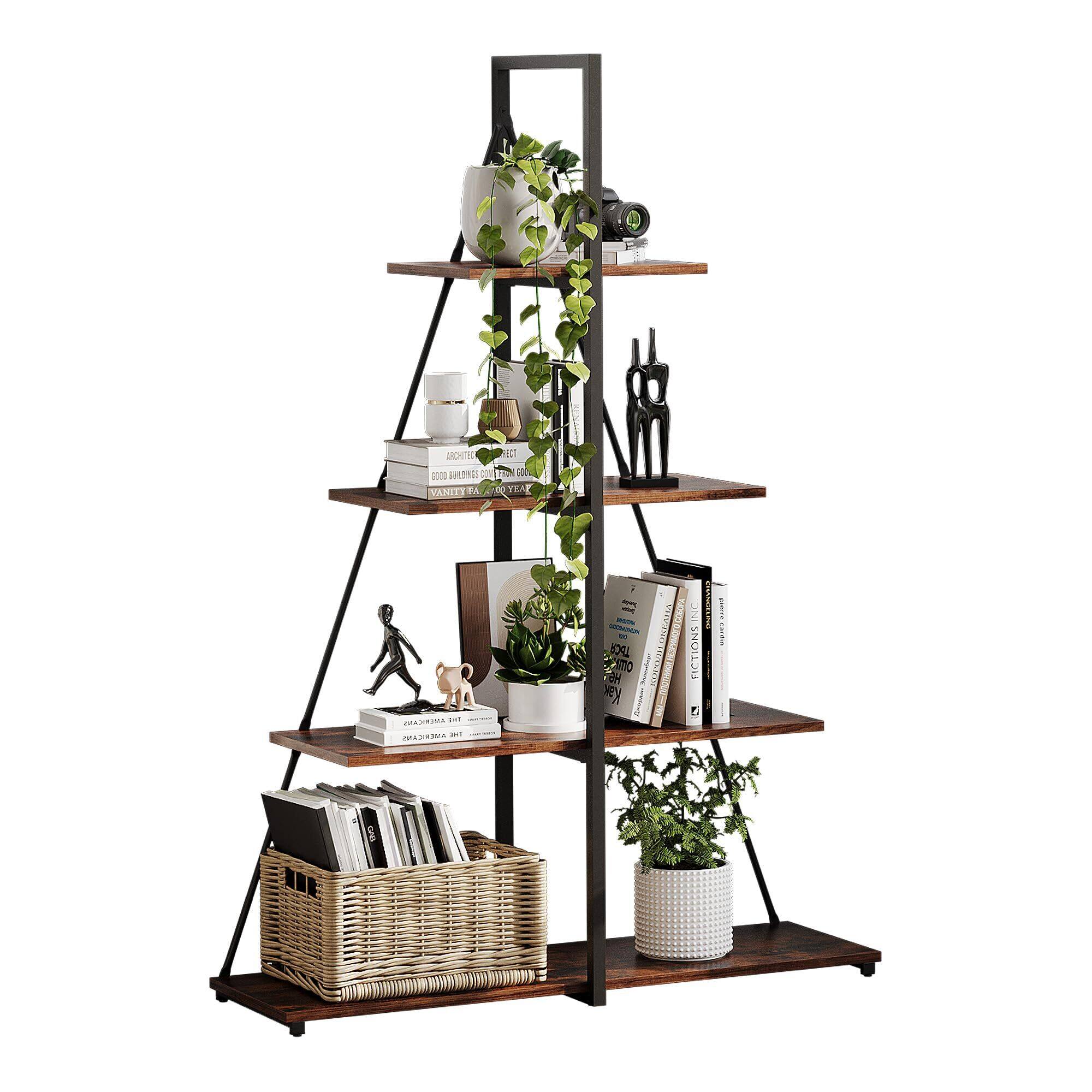 Acekool - 4 Tier Ladder Bookshelf, A-Shaped Bookcase with Metal Frame - Brown