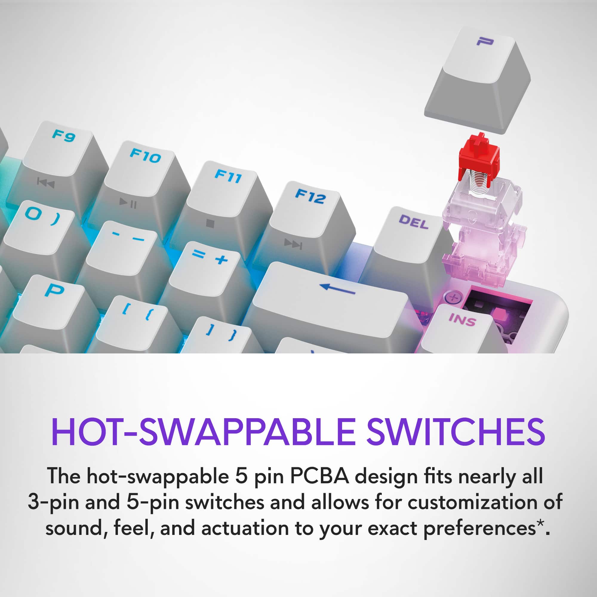 The hot-swappable 5 pin BA design fits nearly all 3-pin and 5-pin switches and allows for customization of sound, feel, and actuation to your exact preferences.