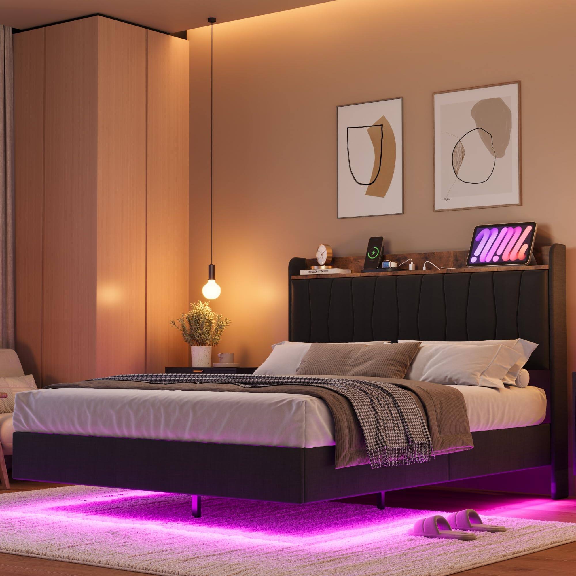 Front. Babevy - Full Floating Bed Frame with LED Lights, Charging Station & Upholstered Storage Headboard - Black.