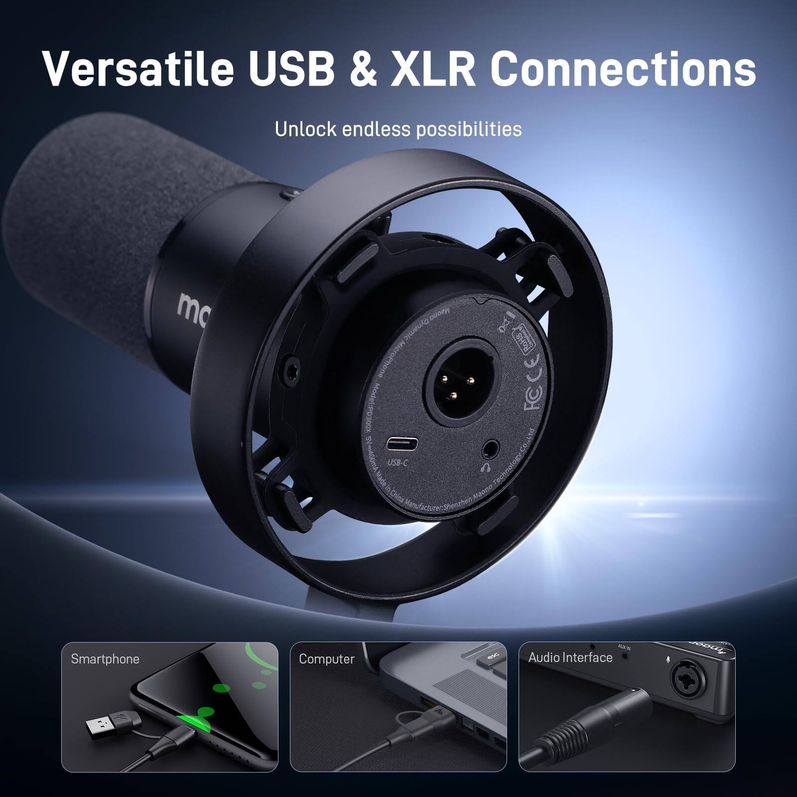 Versatile USB & XLR Connections  
Unlock endless possibilities  

Microphone Model: POS00x  
FCCE 0 USB-C  

Smartphone  
Computer  
Audio Interface