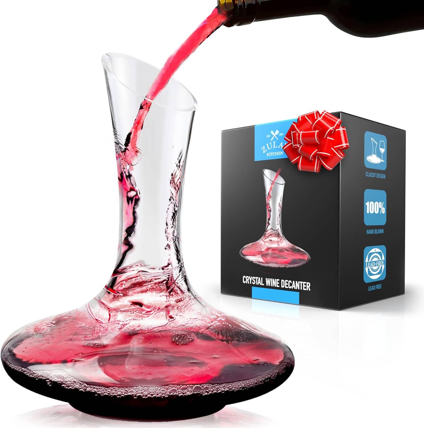Zulay Kitchen - Red Wine Decanter - Hand Blown Crystal Aerator - Carafe Pitcher for Full Bottle - Clear