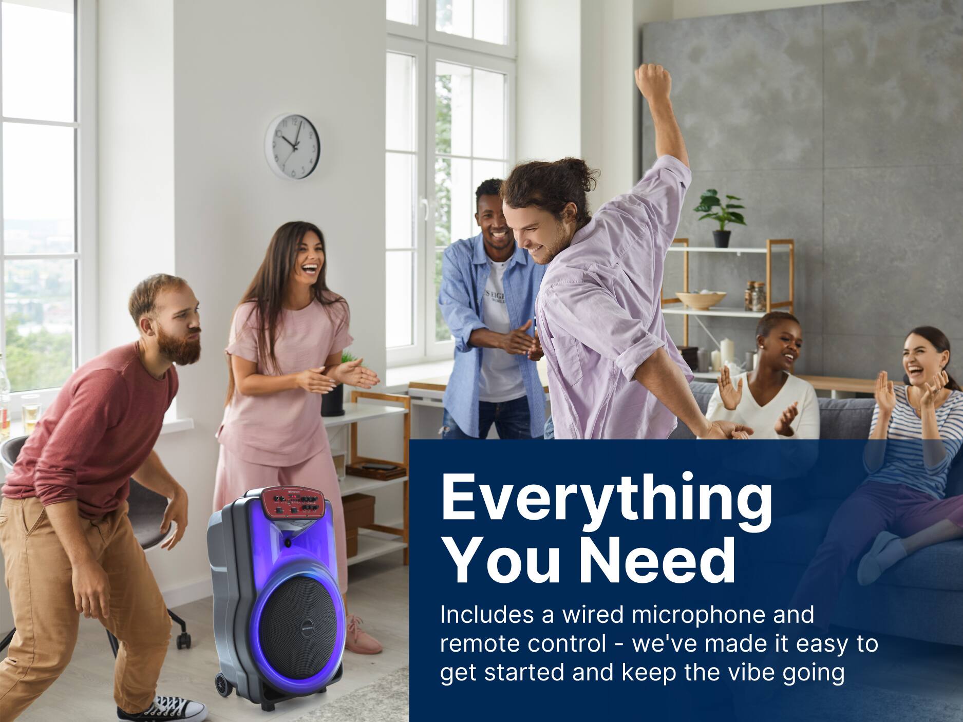 Everything You Need

Includes a wired microphone and remote control - we've made it easy to get started and keep the vibe going